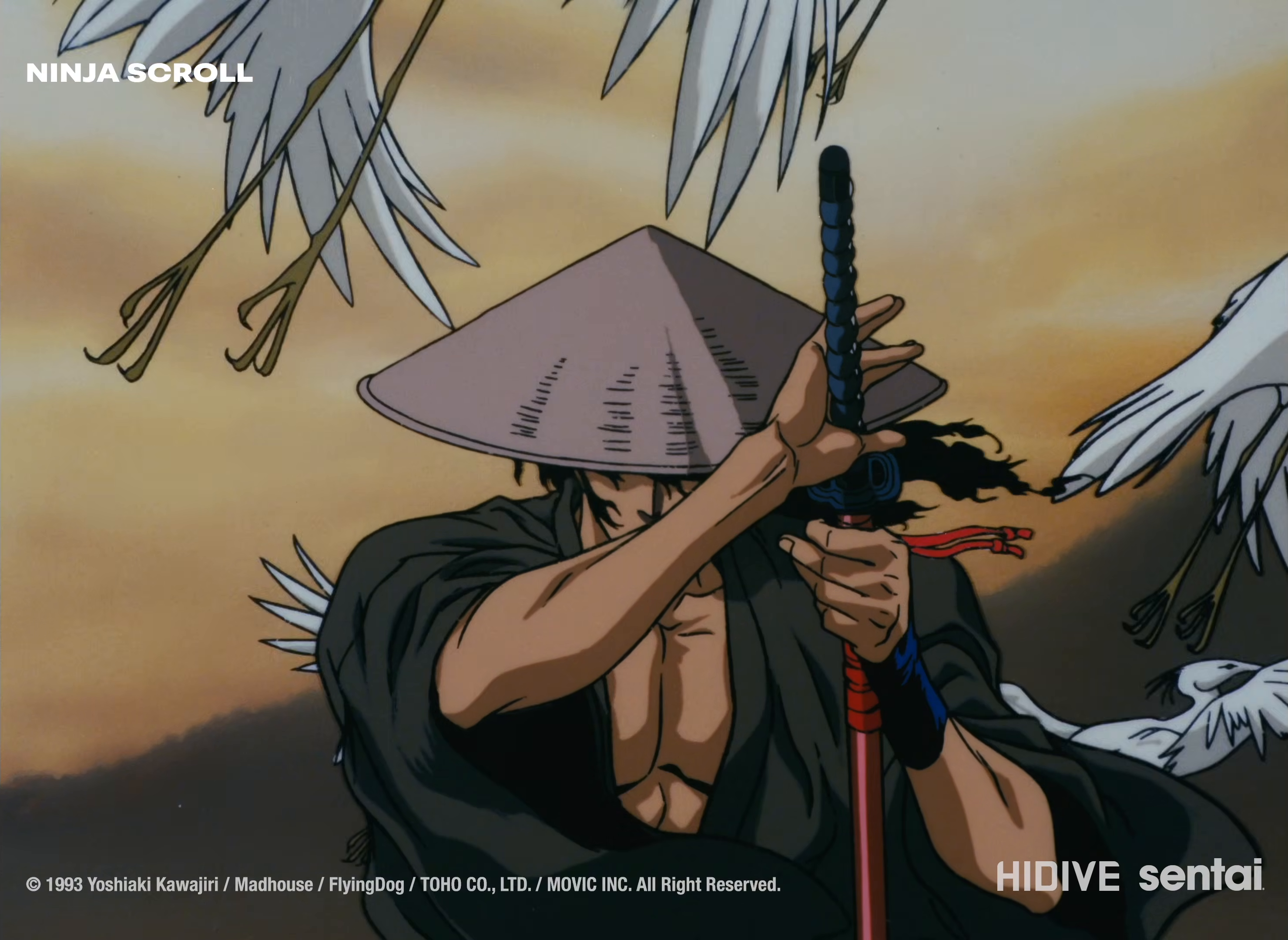 Jubei raises his sword beneath his conical hat as white feathers fill the image.