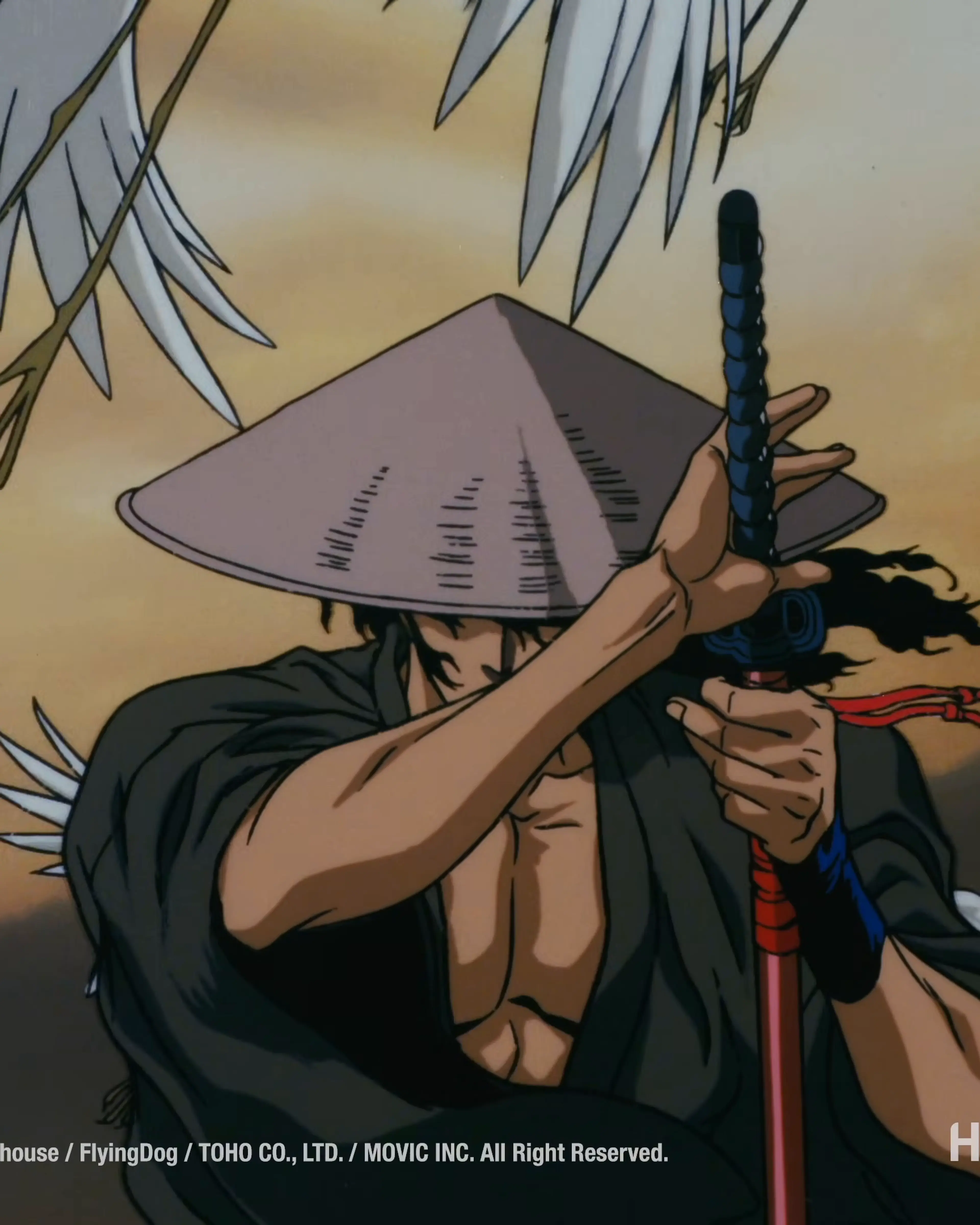 Jubei raises his sword beneath his conical hat as white feathers fill the image.