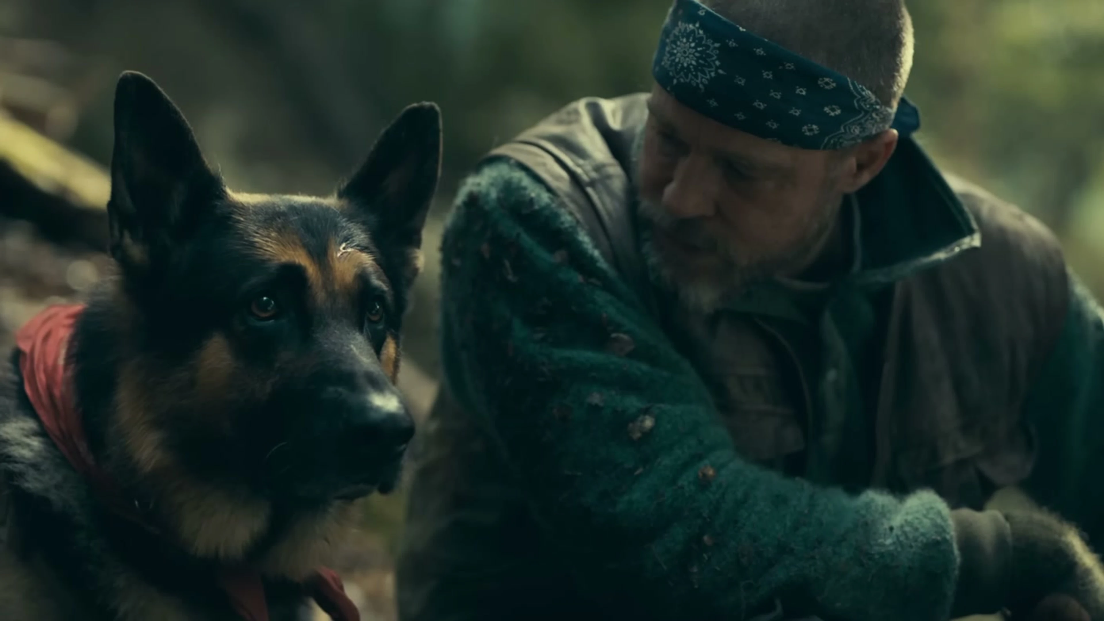Brad Pitt as James Belmont stays close to Odin in the wilderness in Heart of the Beast.
