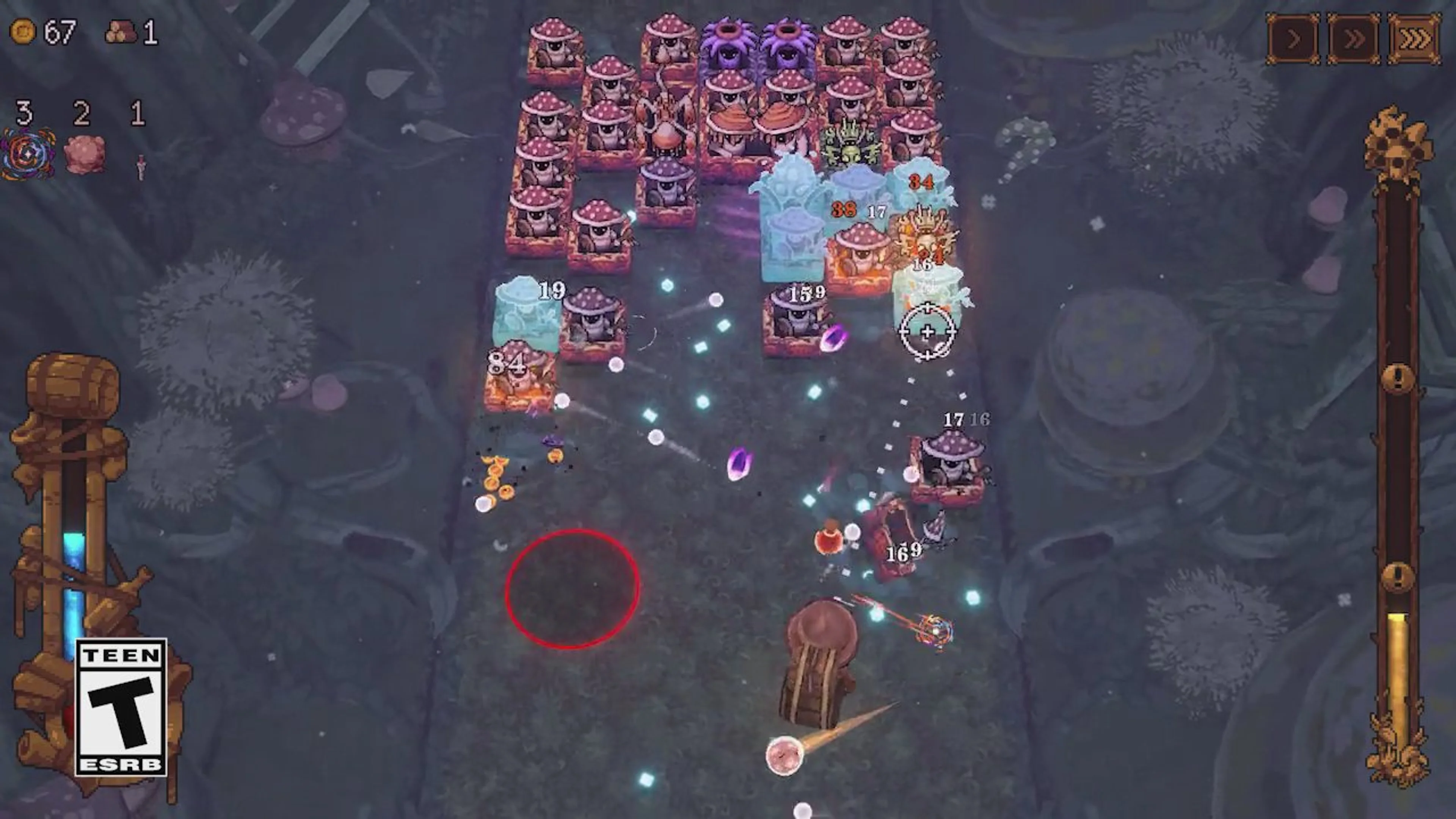 A BALL x PIT character fighting mushroom enemies in the Naturalist Update
