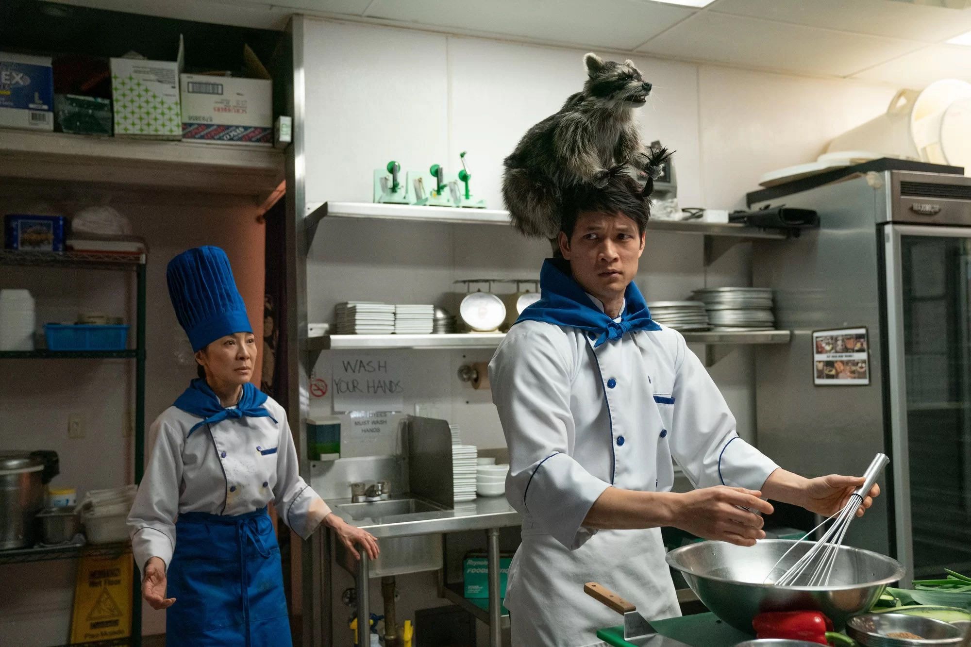 Michelle Yeoh and Harry Shum Jr. stand in a kitchen, with a raccoon on Chad’s head.