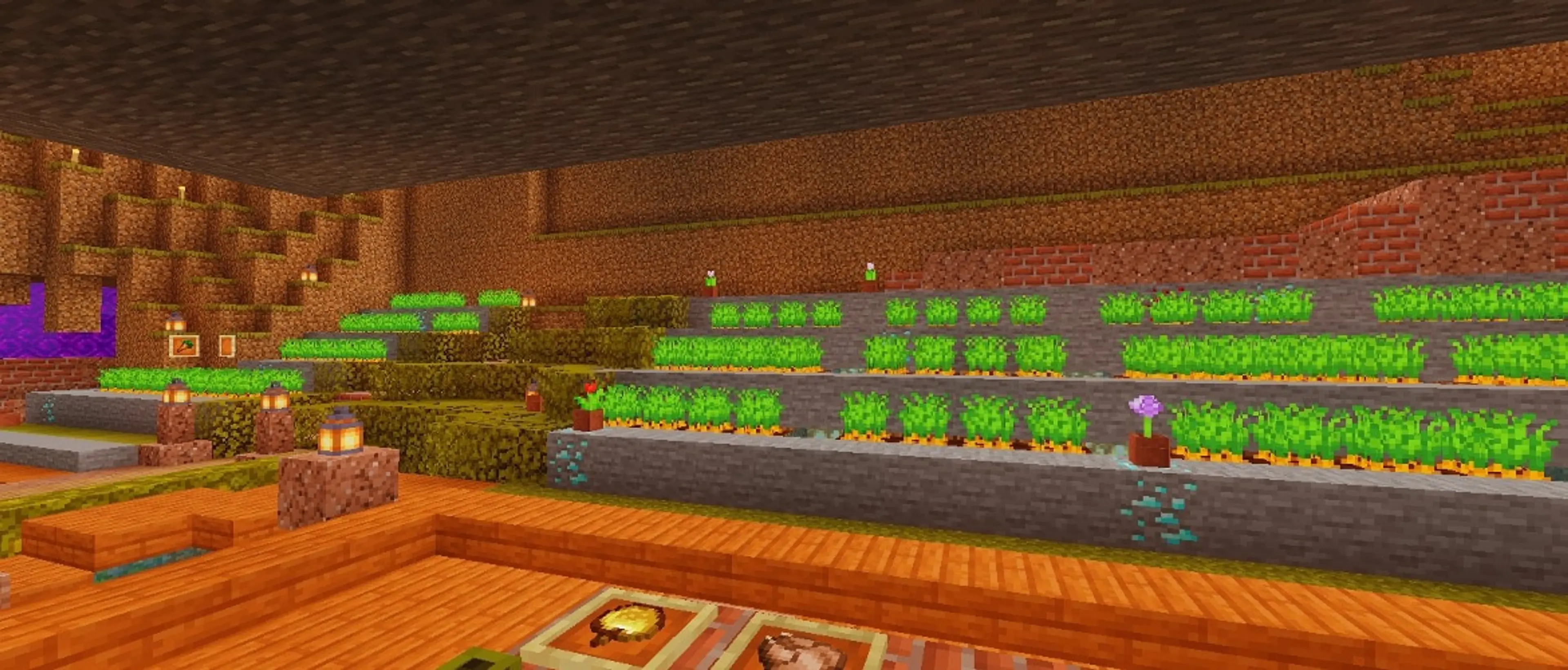 A large, organized carrot farm inside a bright Minecraft survival base.