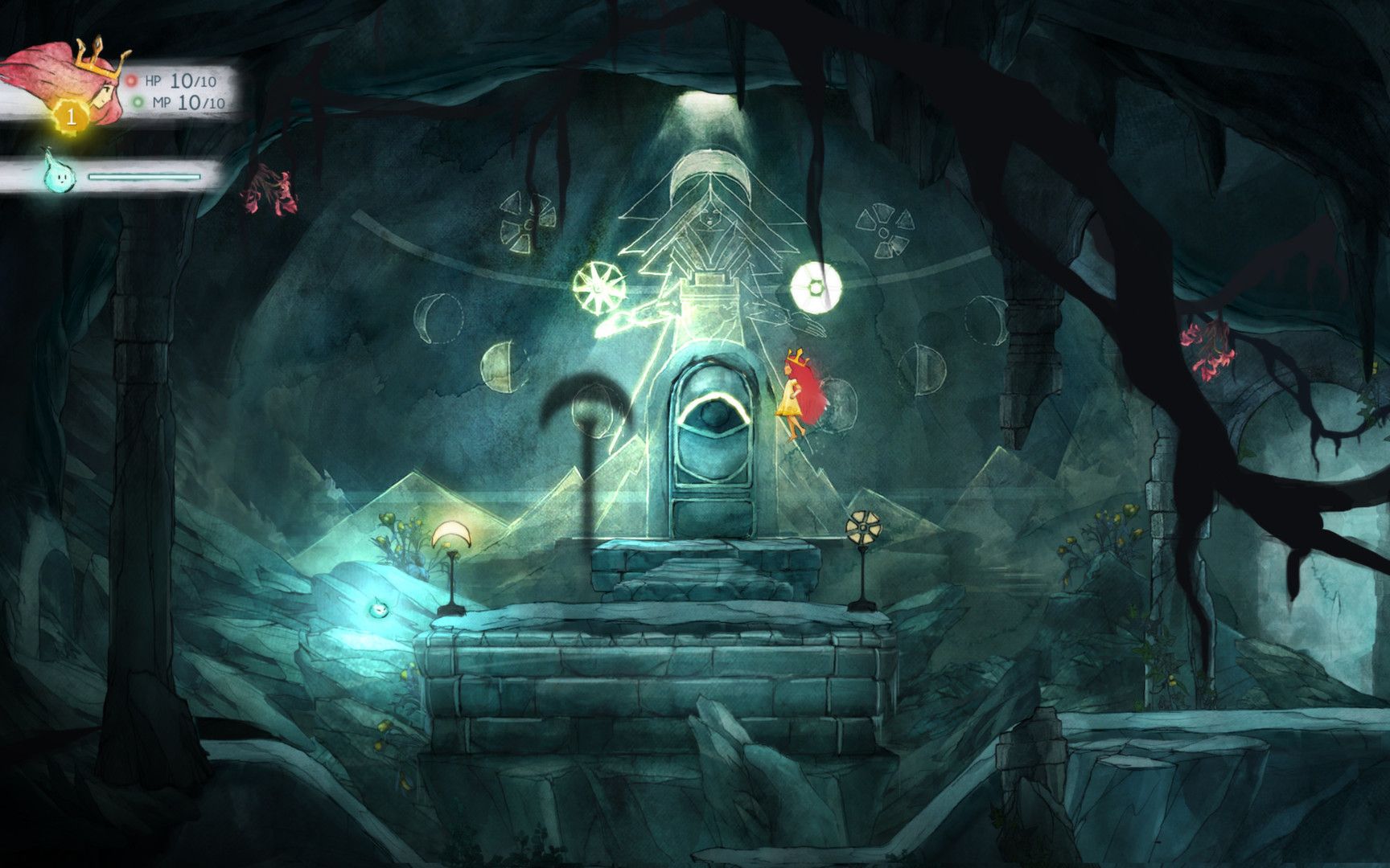 Aurora and Igniculus explore a side-view ruin.