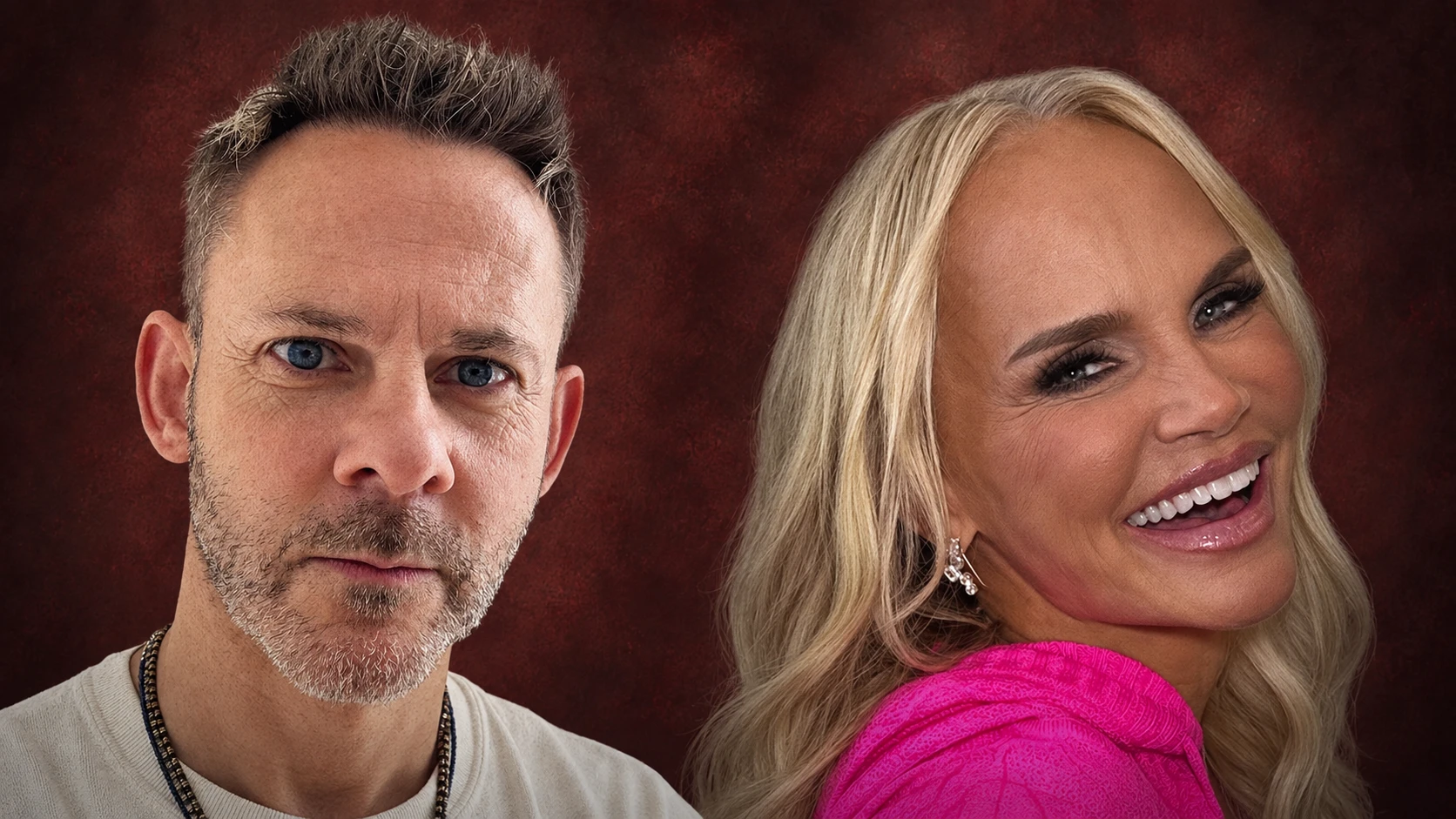 Side-by-side composite of official Dominic Monaghan and Kristin Chenoweth Traitors cast portraits.