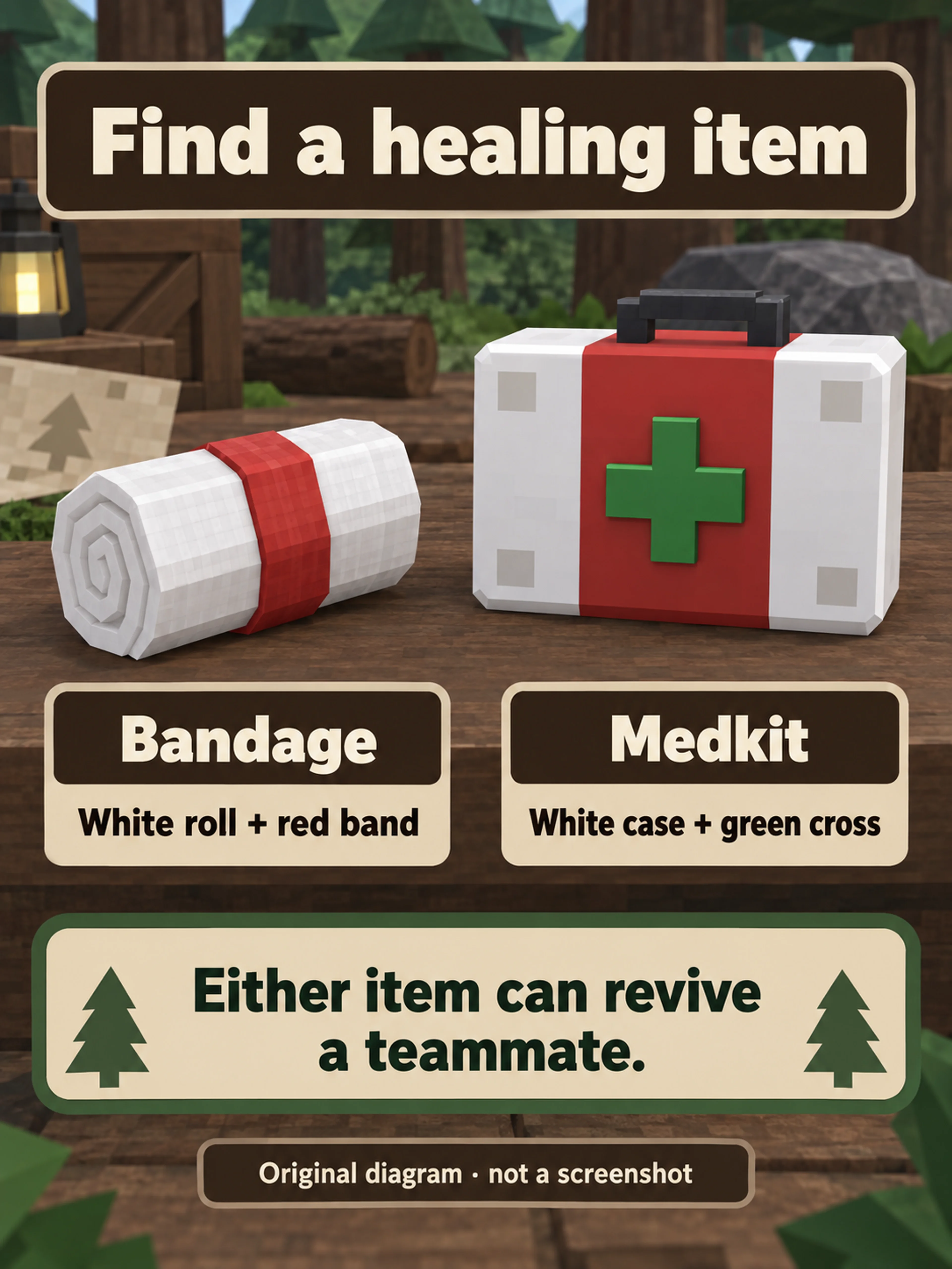 White Bandage roll with a red band and white Medkit case with a red stripe and green cross.