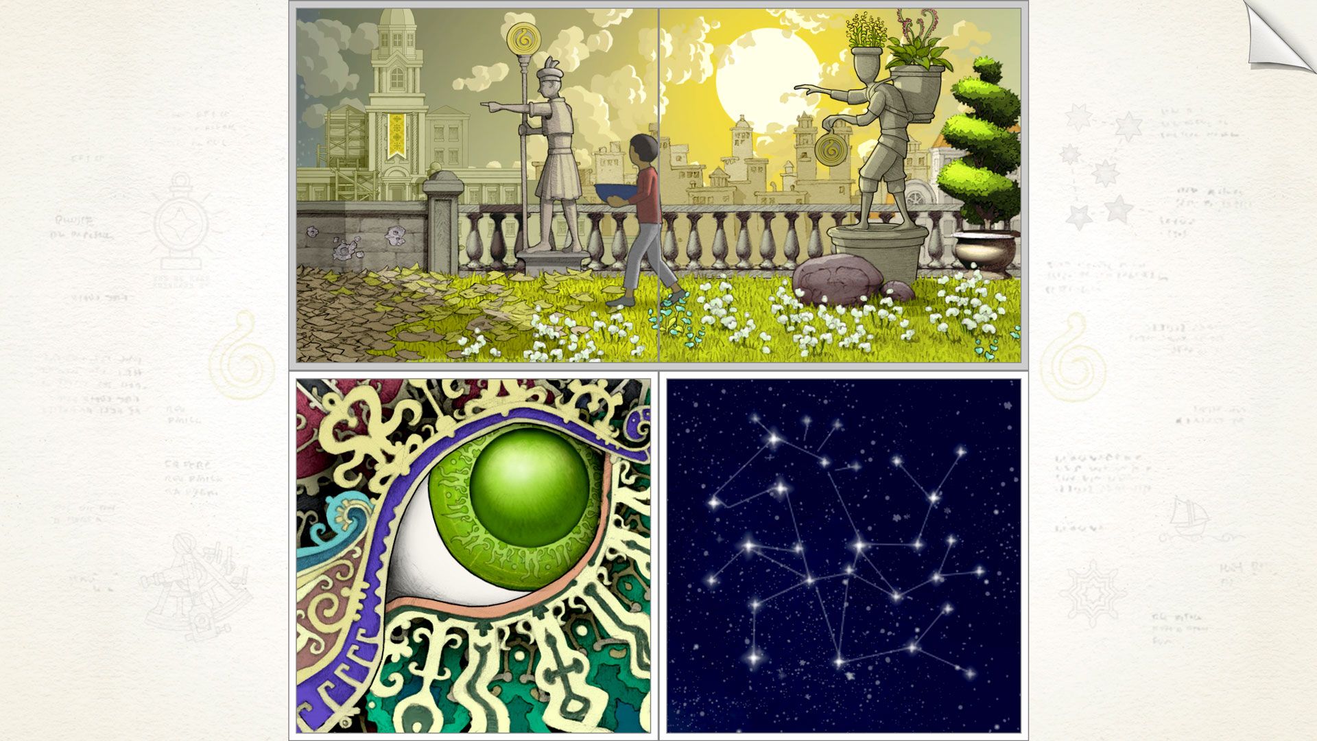 Gorogoa picture panels include an eye, a starry sky and a garden scene.