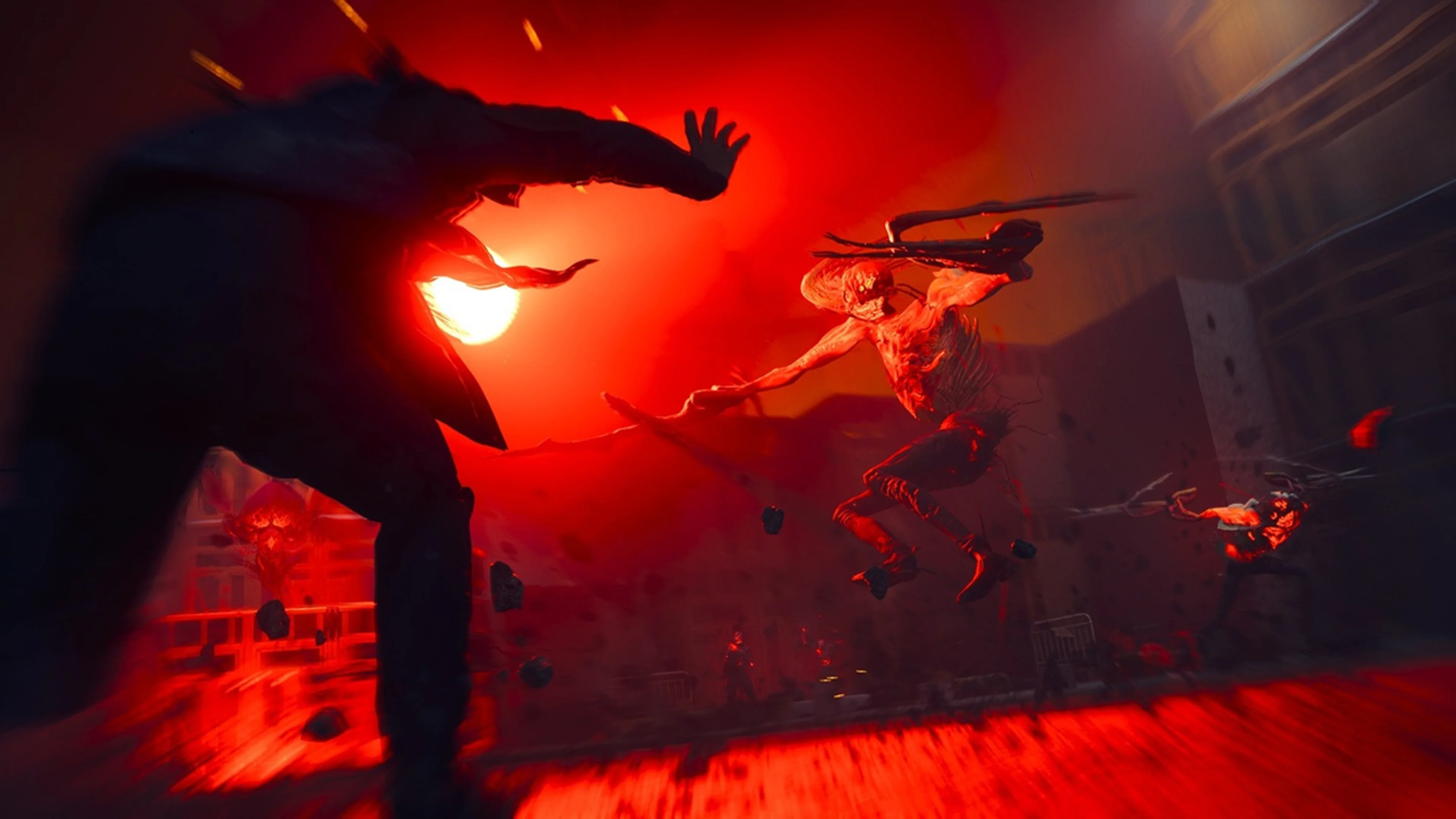 Dylan Faden fights red, reality-warping enemies in official CONTROL Resonant gameplay artwork.