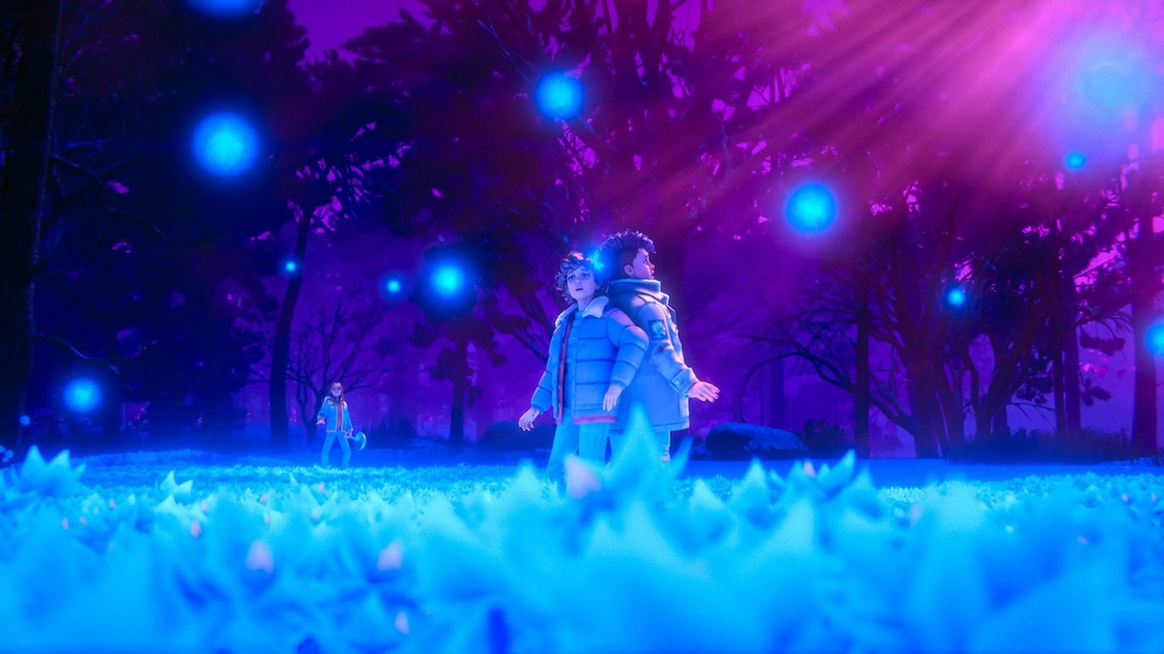 Animated children stand among glowing blue flowers beneath a purple sky.