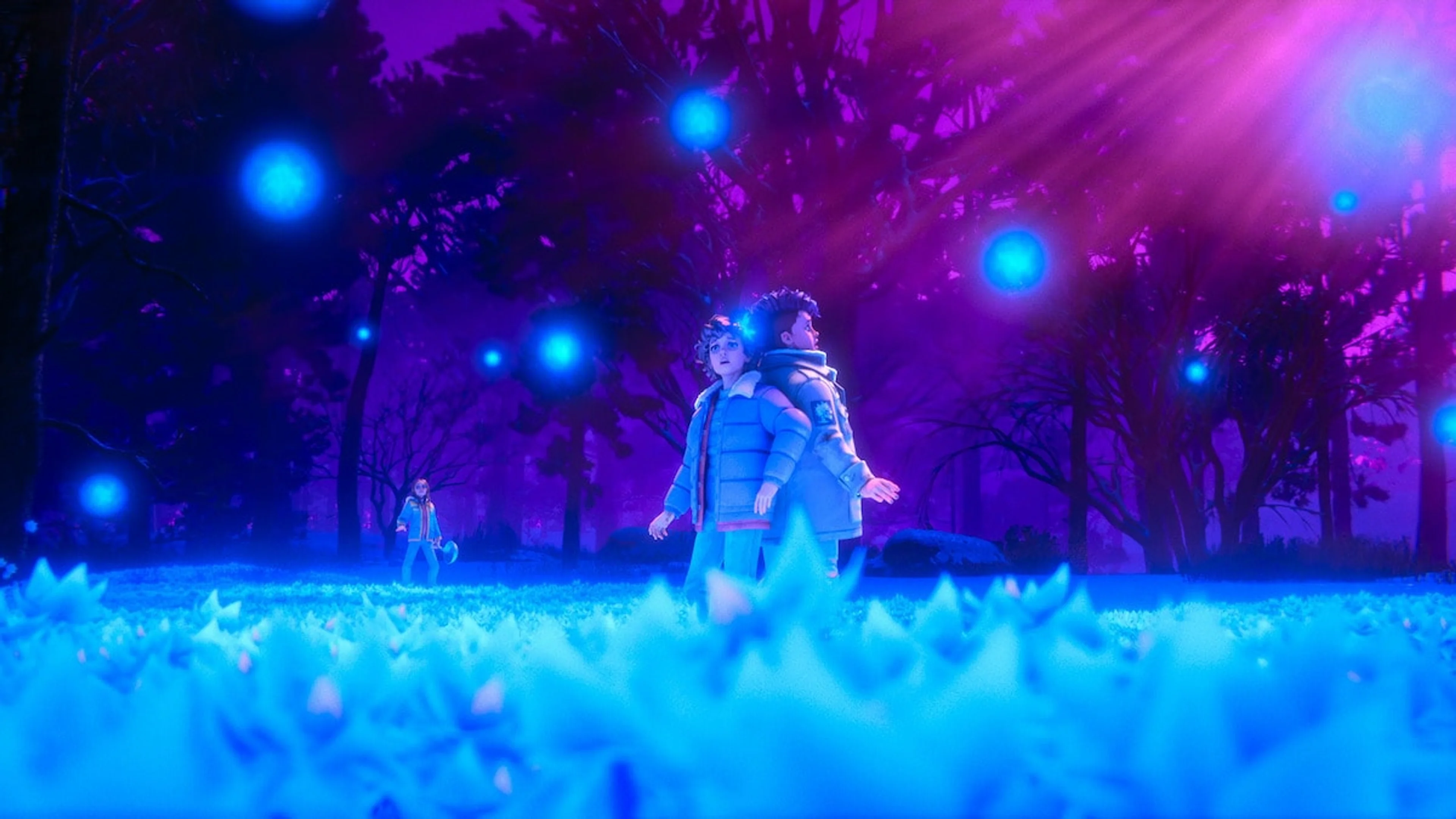 Animated children stand among glowing blue flowers beneath a purple sky.