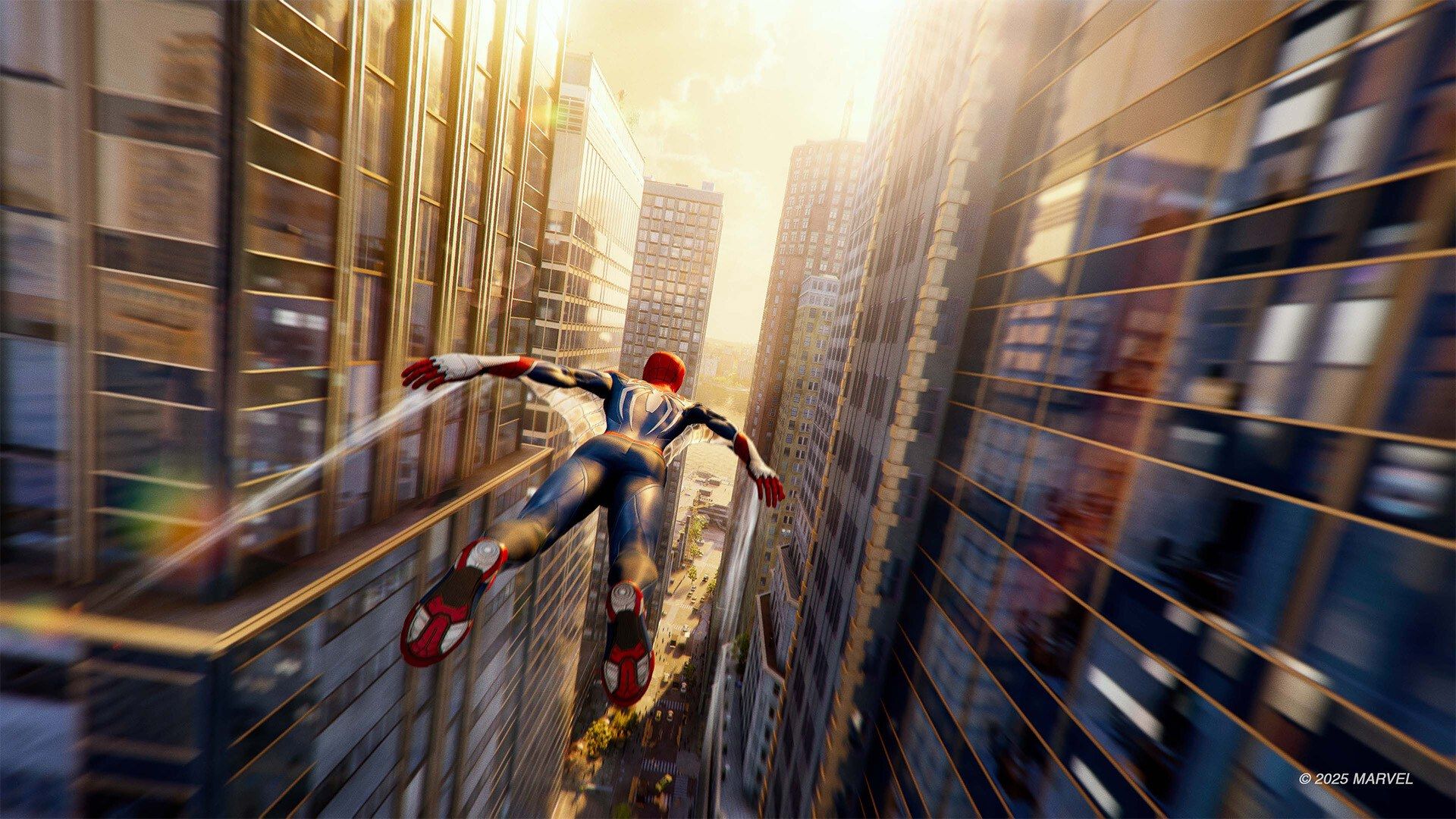 Peter Parker glides between New York buildings using Web Wings.
