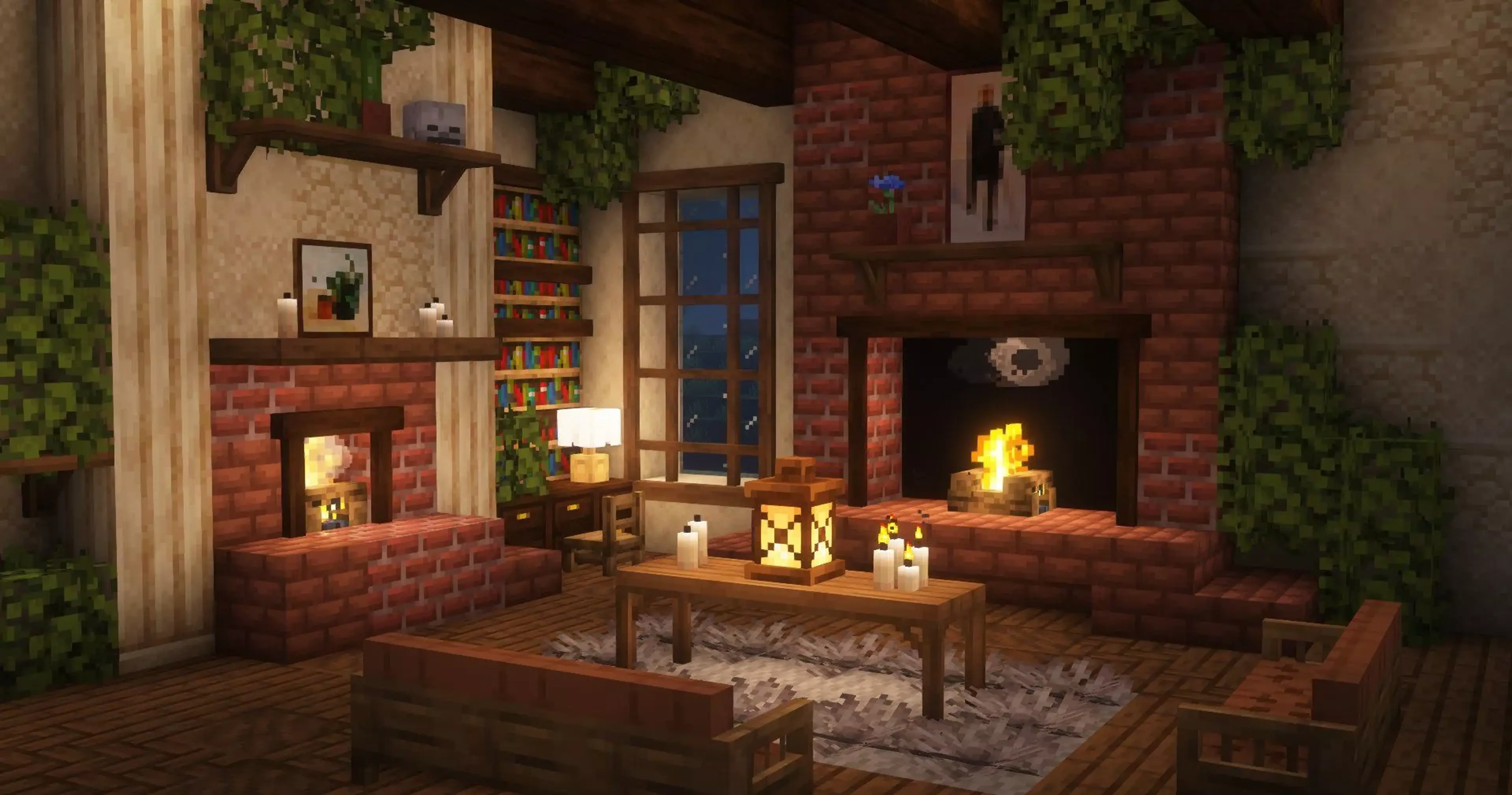 A warm Minecraft survival base built beside water and trees.