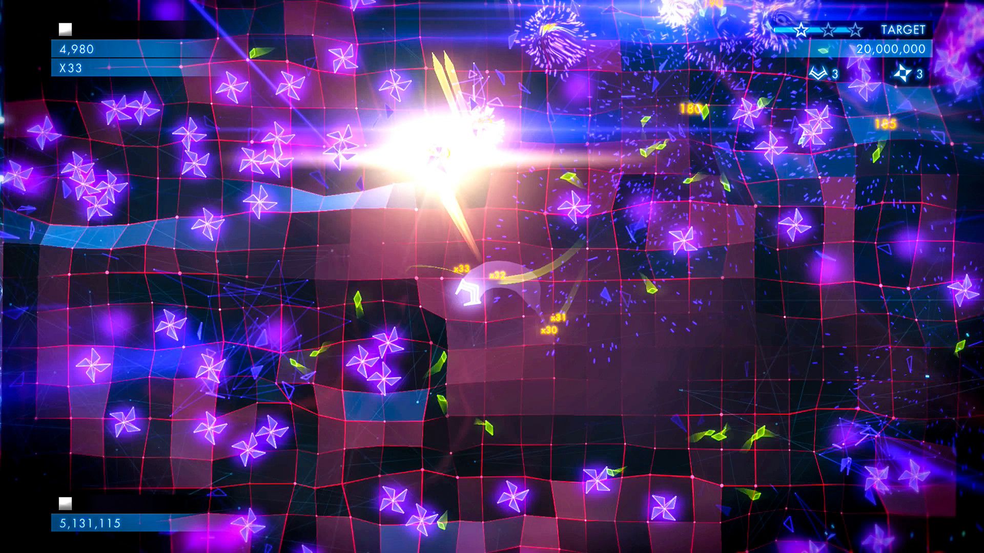Many purple enemies crowd a dark grid while bright projectiles pass through.