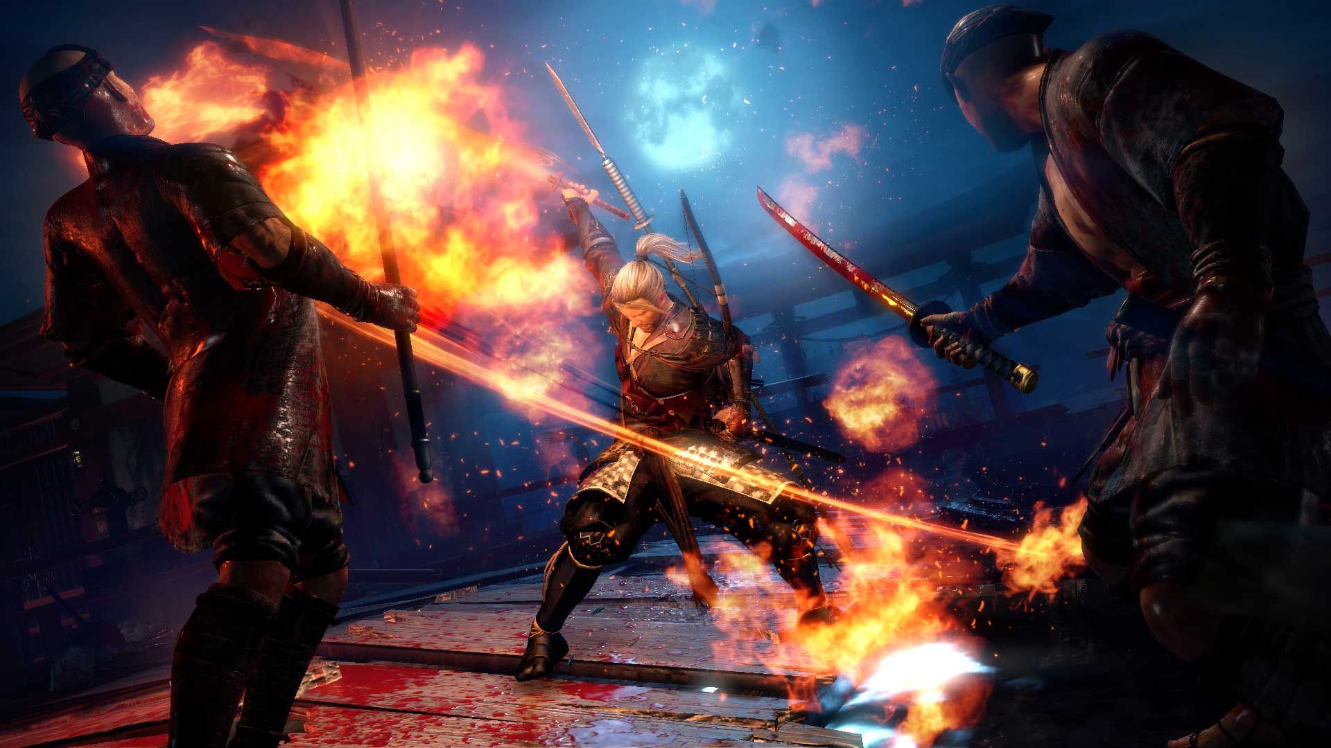 William swings a glowing weapon between two human soldiers, with flames behind him.