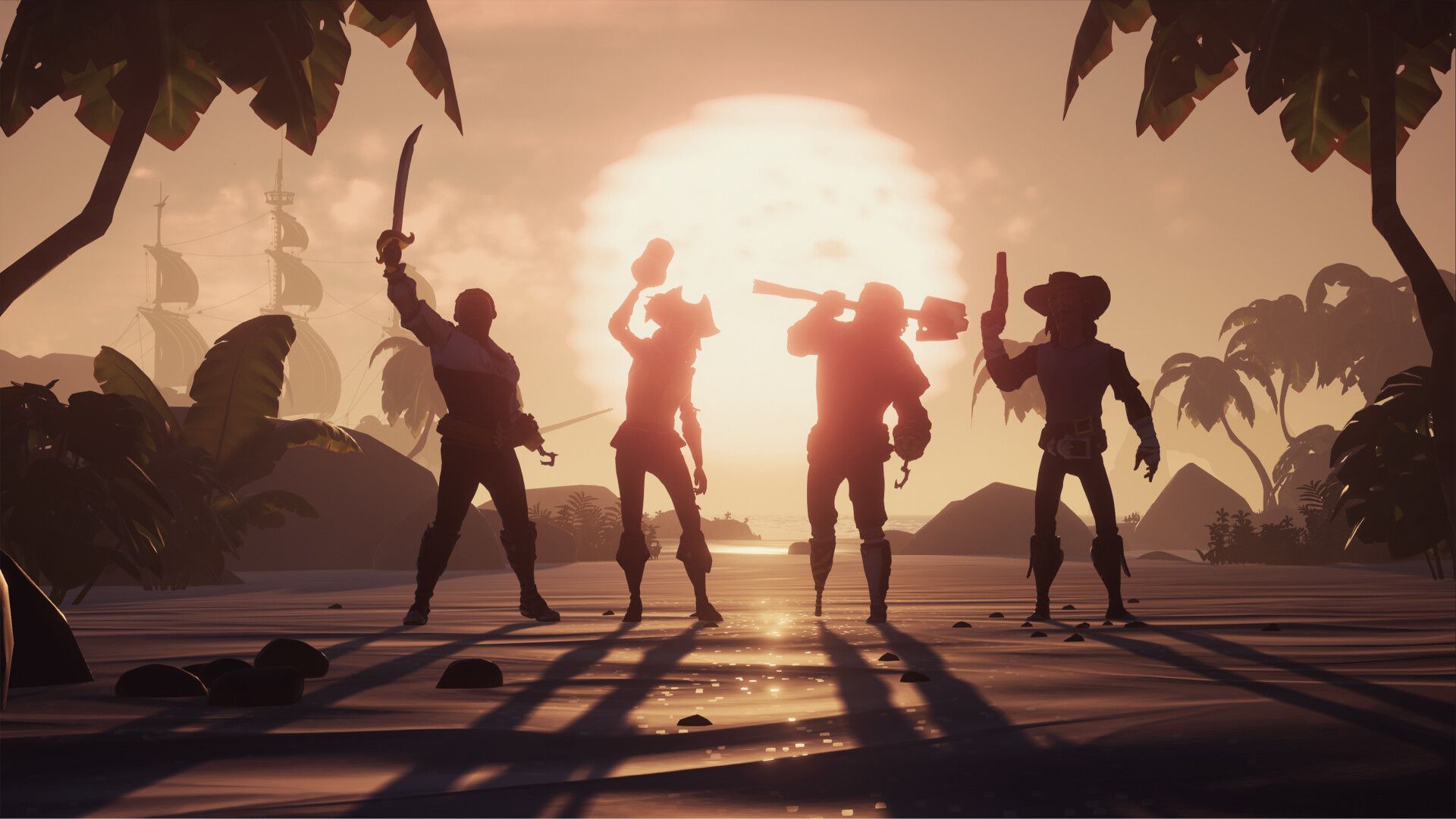 A small pirate crew stands together on an island.