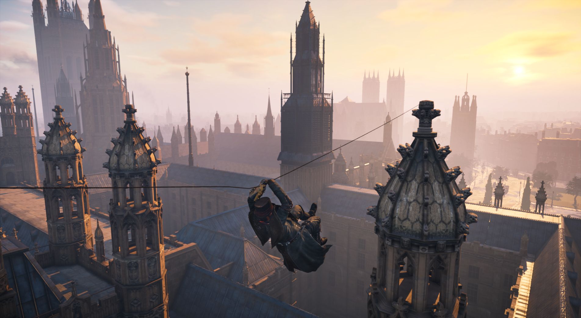 An Assassin rides a rope across a wide gap between London rooftops.
