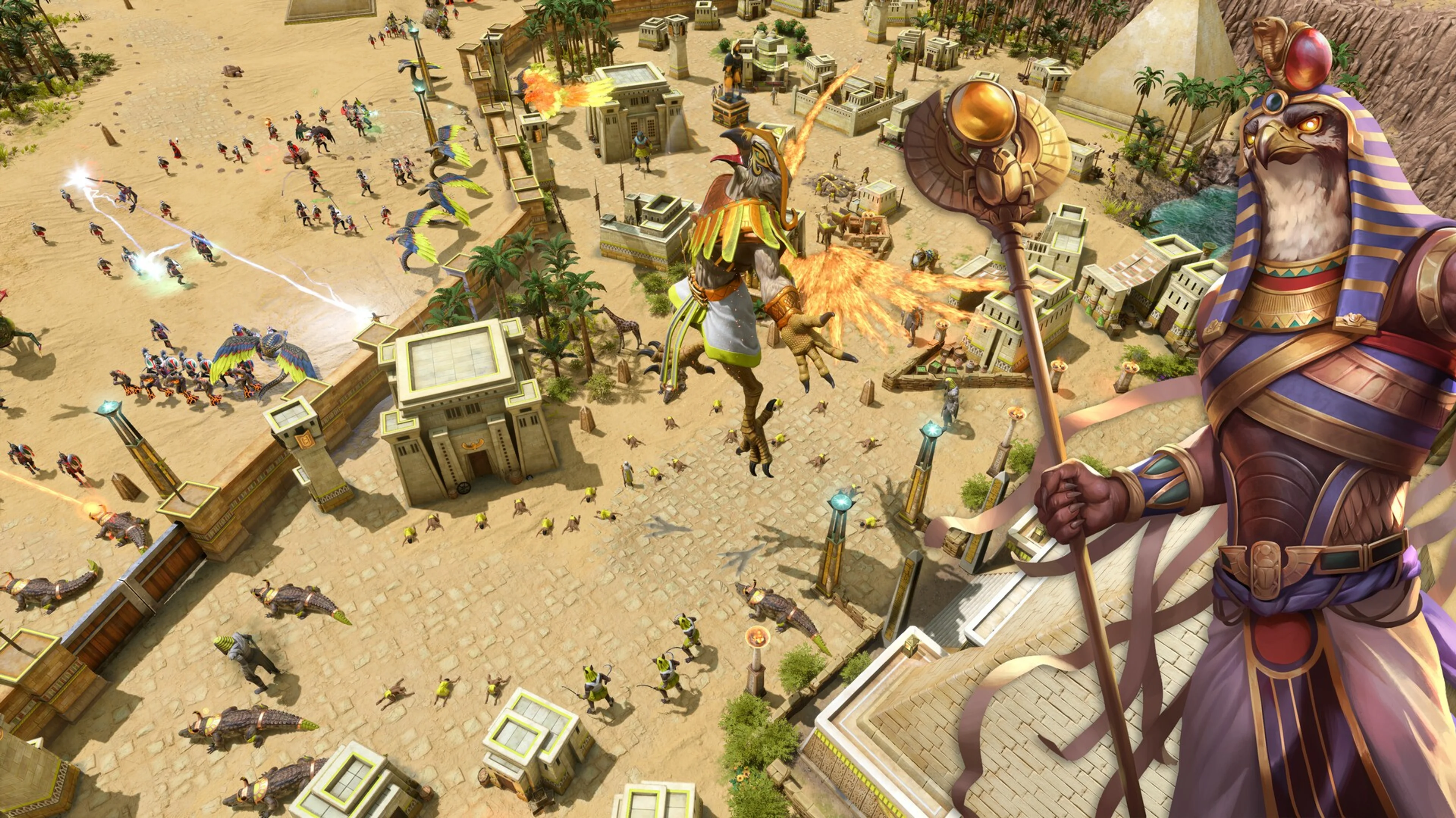 Egyptian promotional artwork and a desert settlement. Egyptian economy and Favor generation differ from the Greek Temple-prayer system.