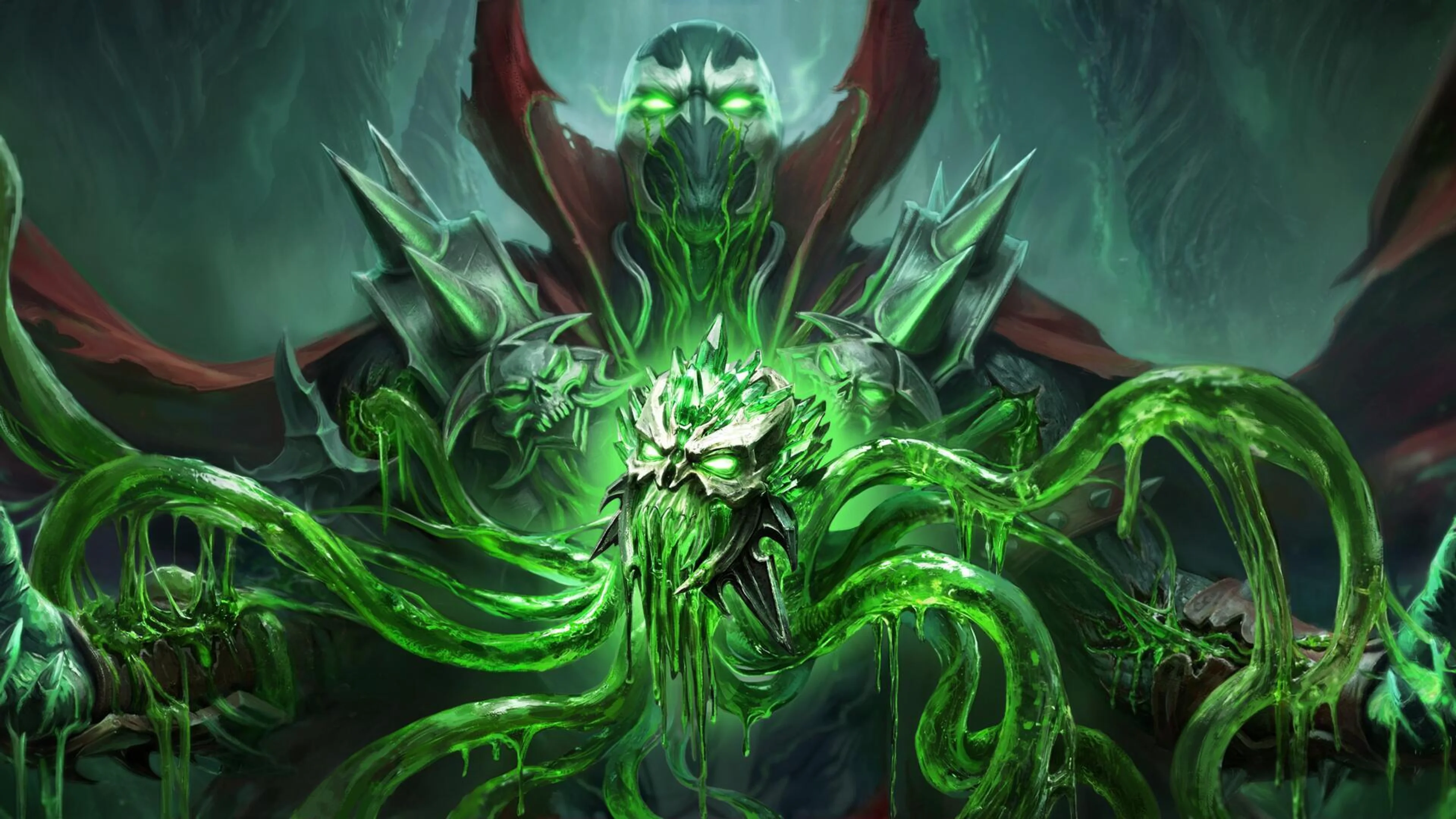 Green necroplasm surrounds a Spawn-inspired figure in Diablo Immortal promotional art for the Legendary Gem.
