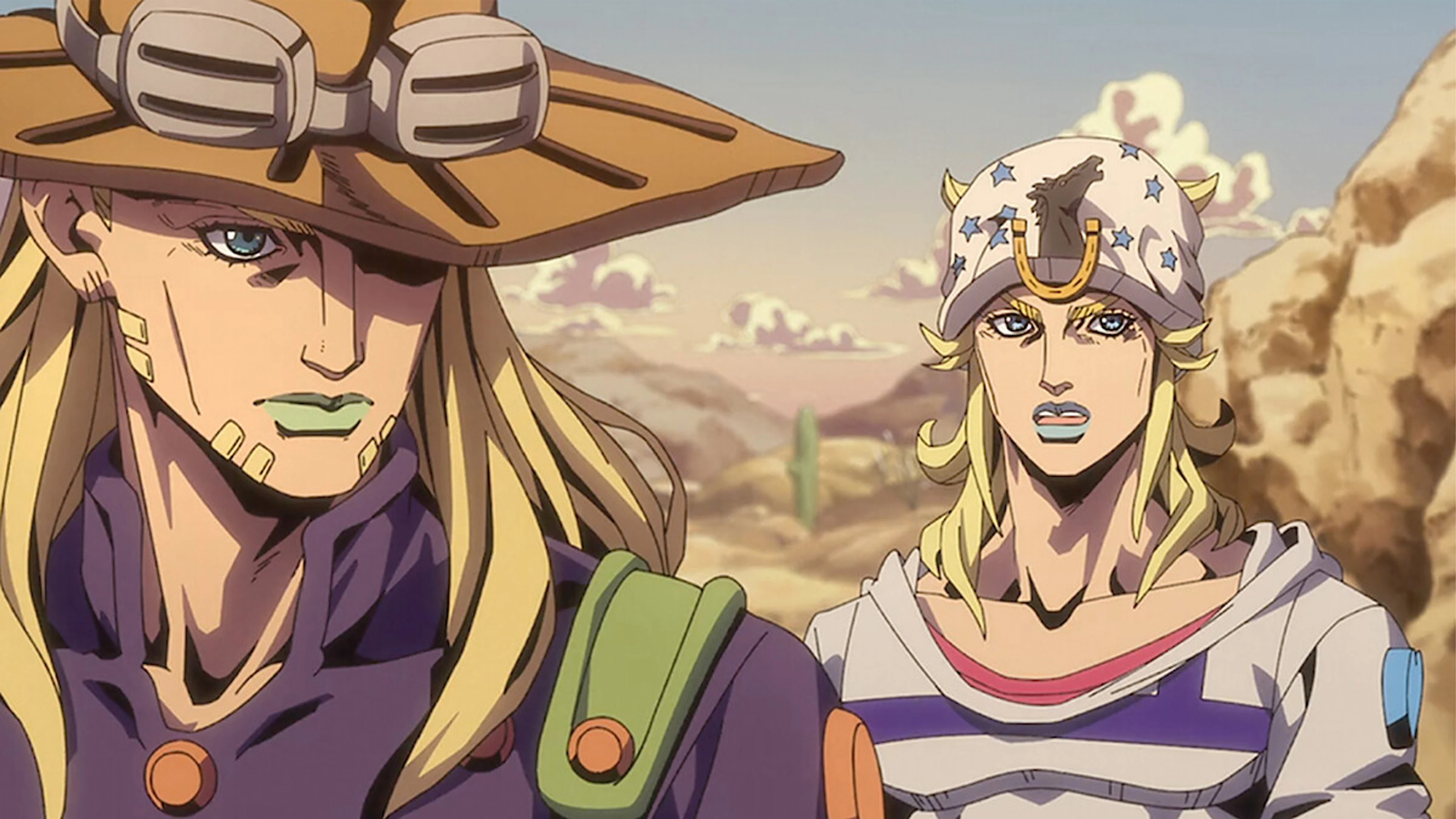 Gyro Zeppeli and Johnny Joestar stand in an arid landscape in Steel Ball Run.