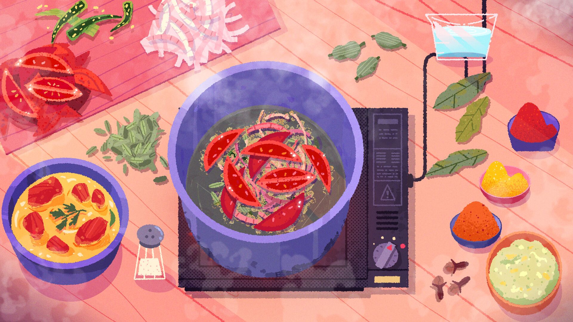 An overhead kitchen view shows a pot on a hotplate, chopped vegetables, spices and a prepared dish.