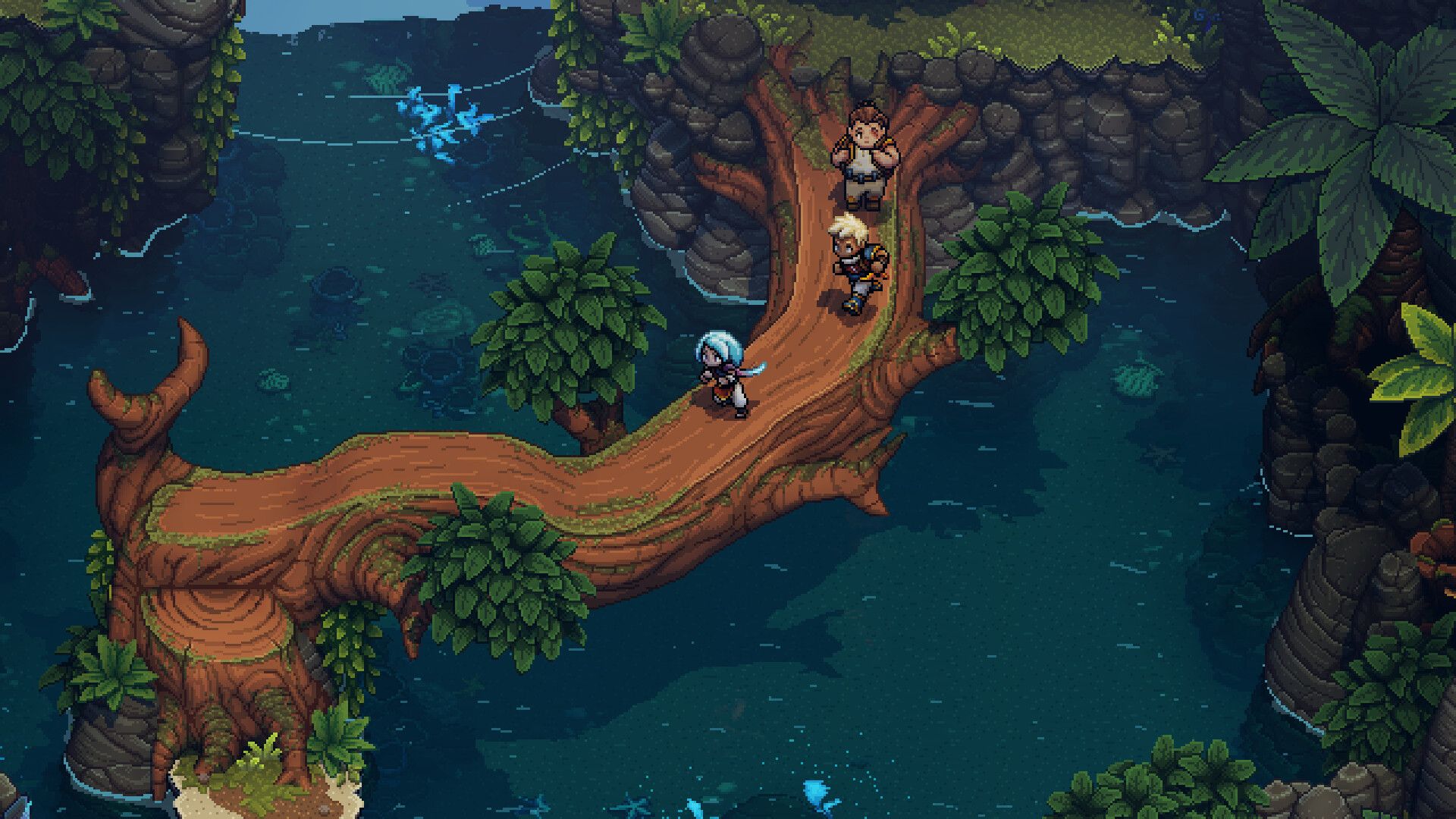 The party crosses a fallen tree above water in a dense forest.