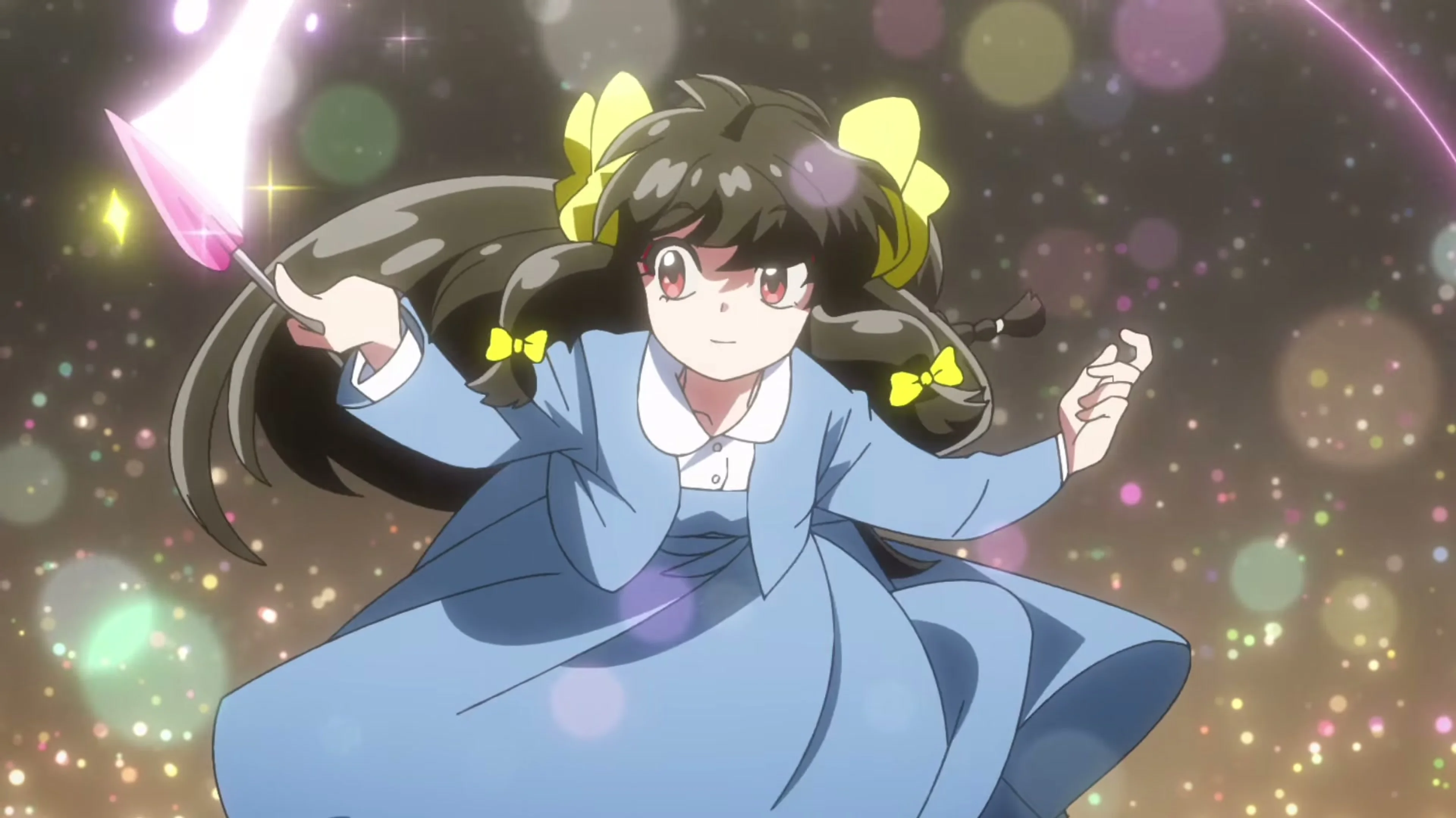 A long-haired anime character moves against a colorful background in Ranma 1/2.
