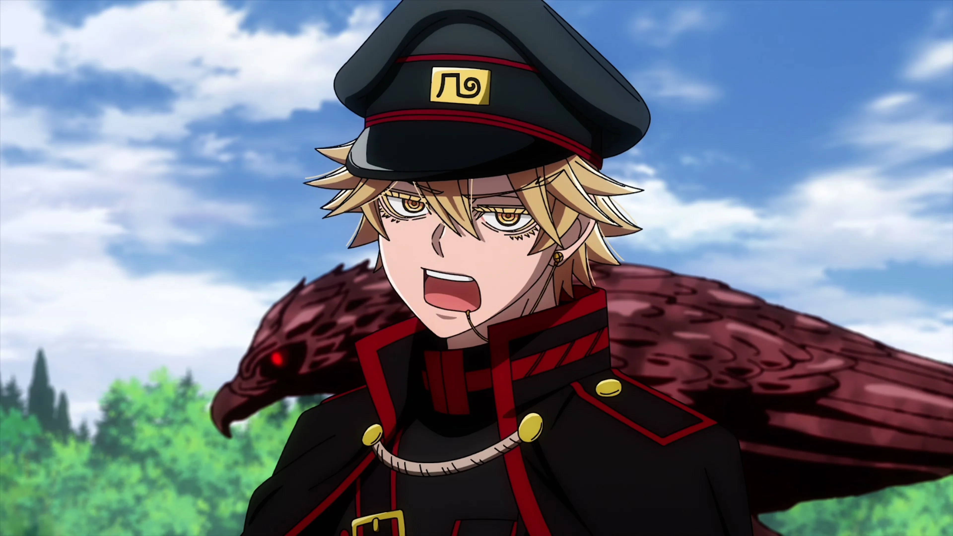 A Tougen Anki fighter forms a blood-red wing behind him.