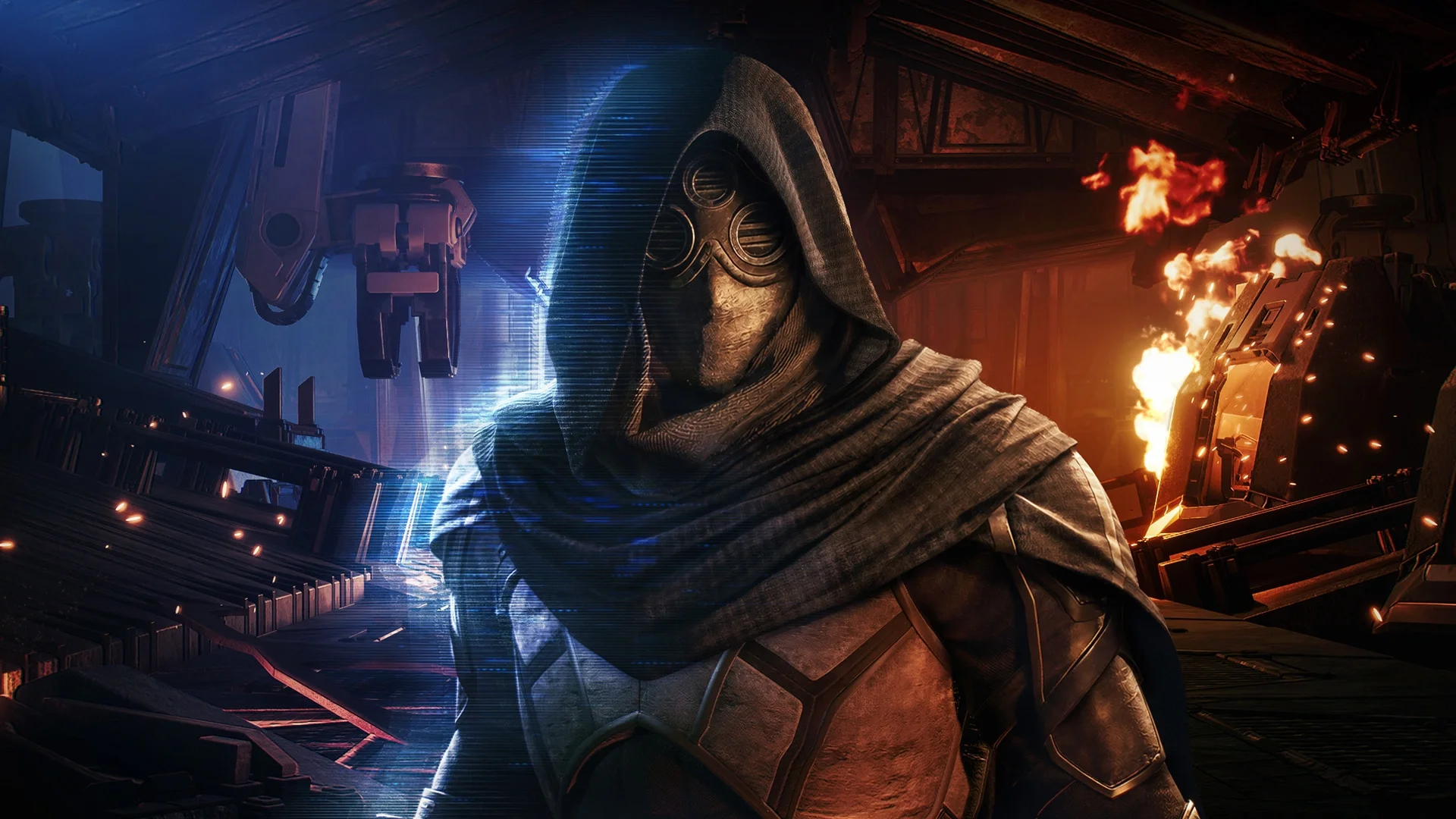 A masked Dune: Awakening character stands between blue light and a burning room.
