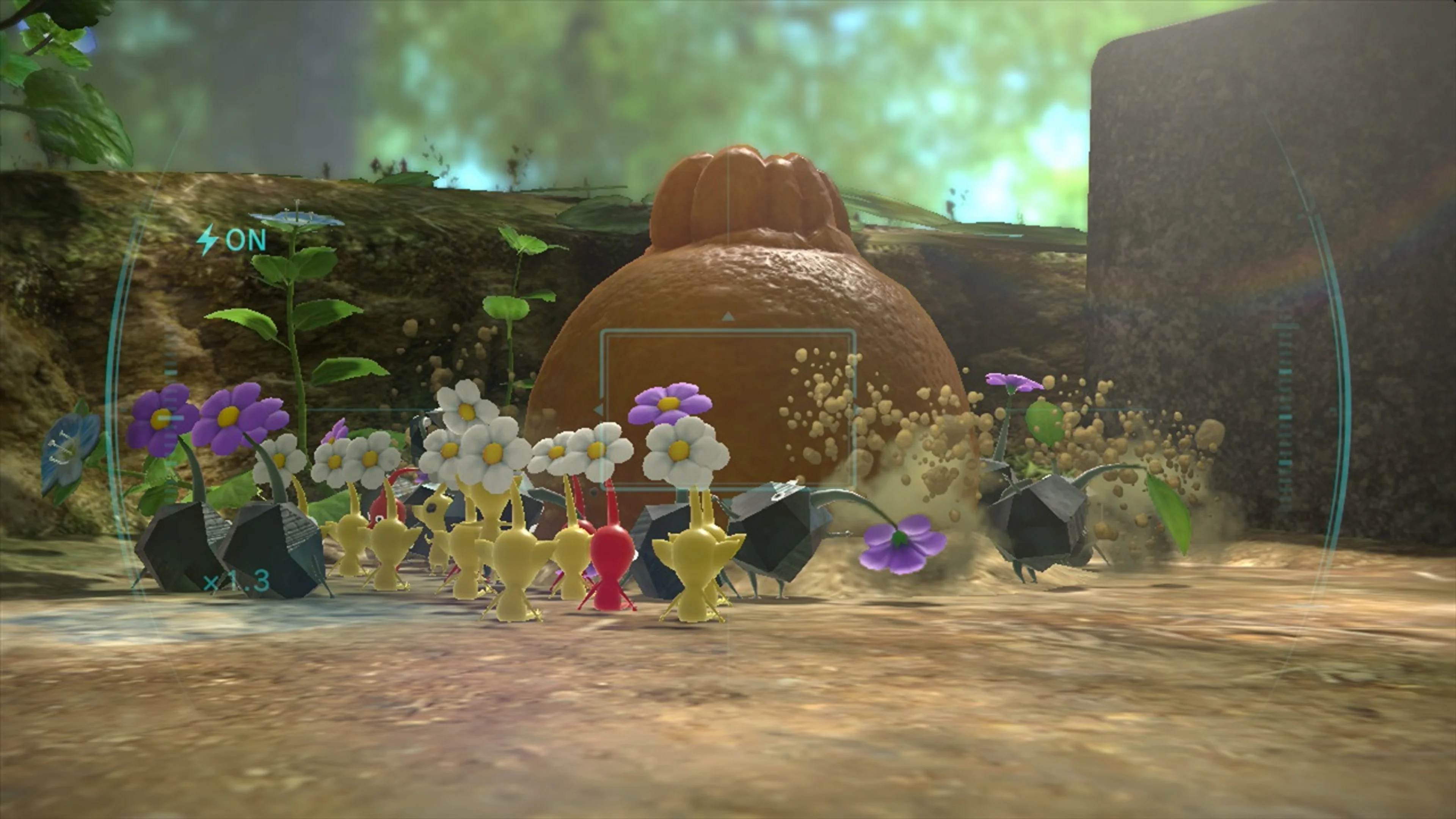 Official Pikmin 3 screenshot: black, angular Rock Pikmin with purple flowers stand among yellow and red Pikmin on a wooded path.