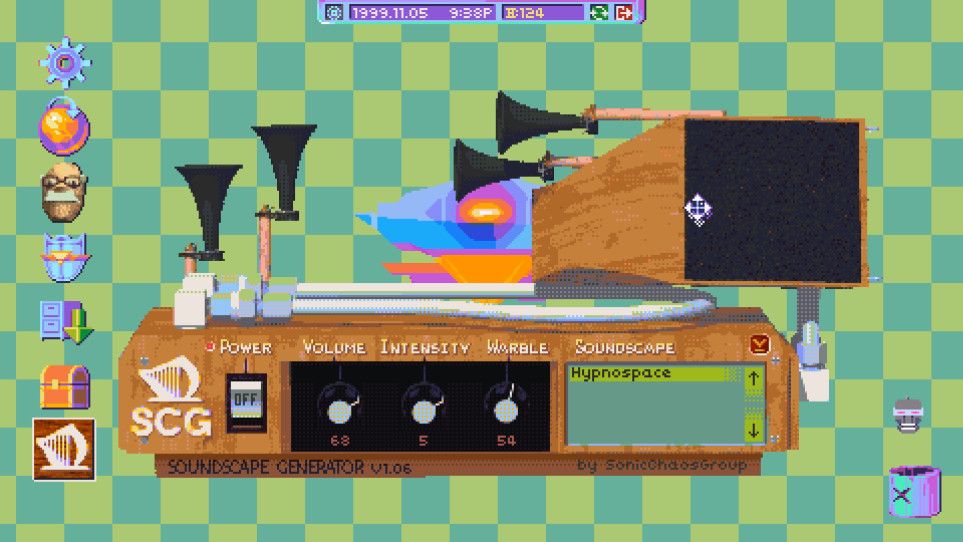 The Soundscape Generator app uses illustrated horns and dials on a green-patterned desktop, showing the fictional computer’s playful tools.