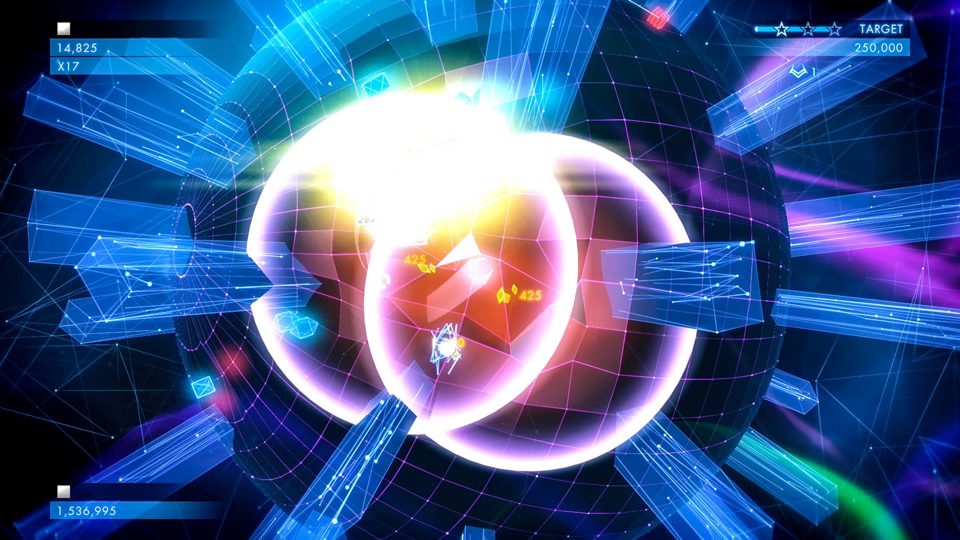 Bright ship and projectiles circle a rounded arena with curved edges.