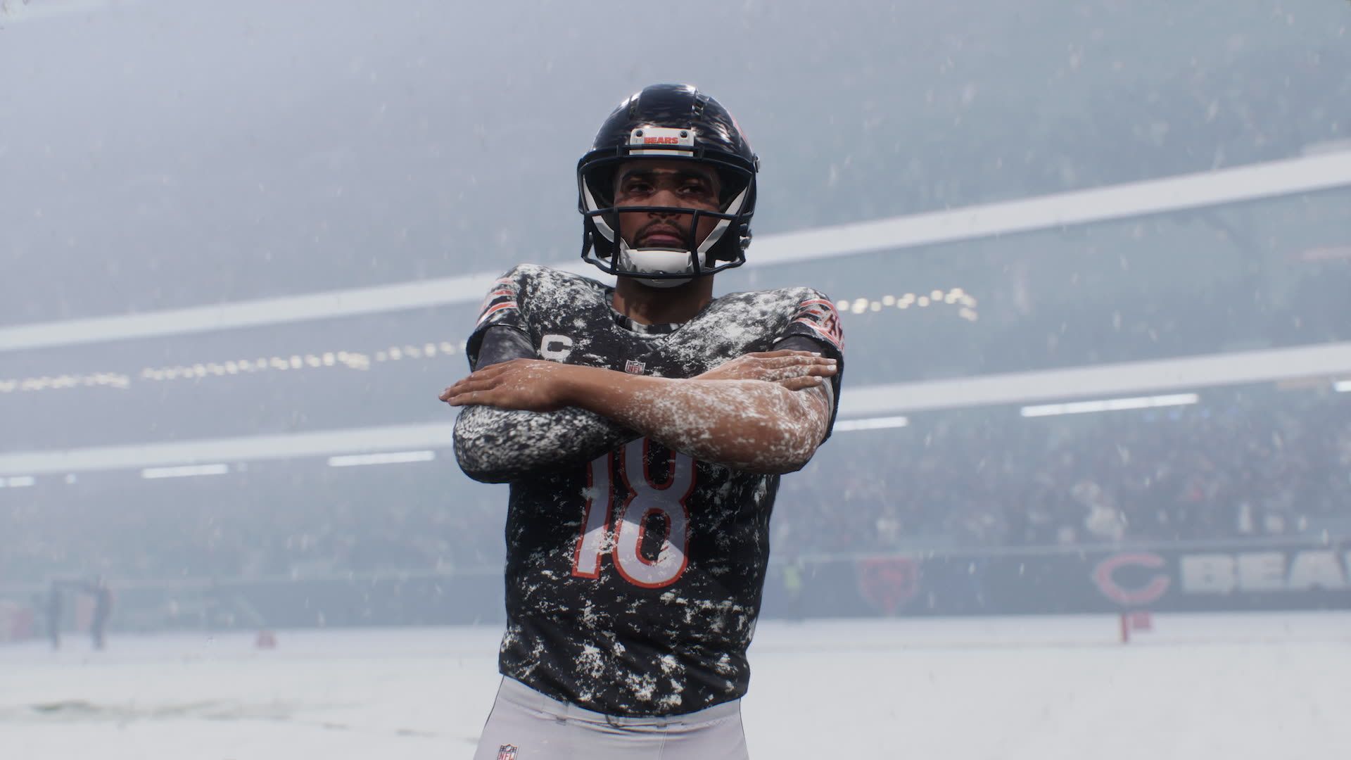 A Chicago Bears player celebrates on a snow-covered field in Madden NFL 27 Superstar mode.