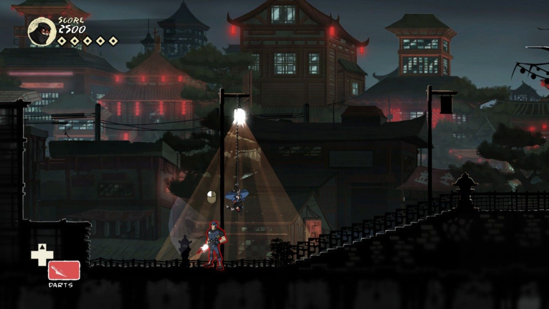 The ninja hangs above an armed guard within a cone of lamplight.