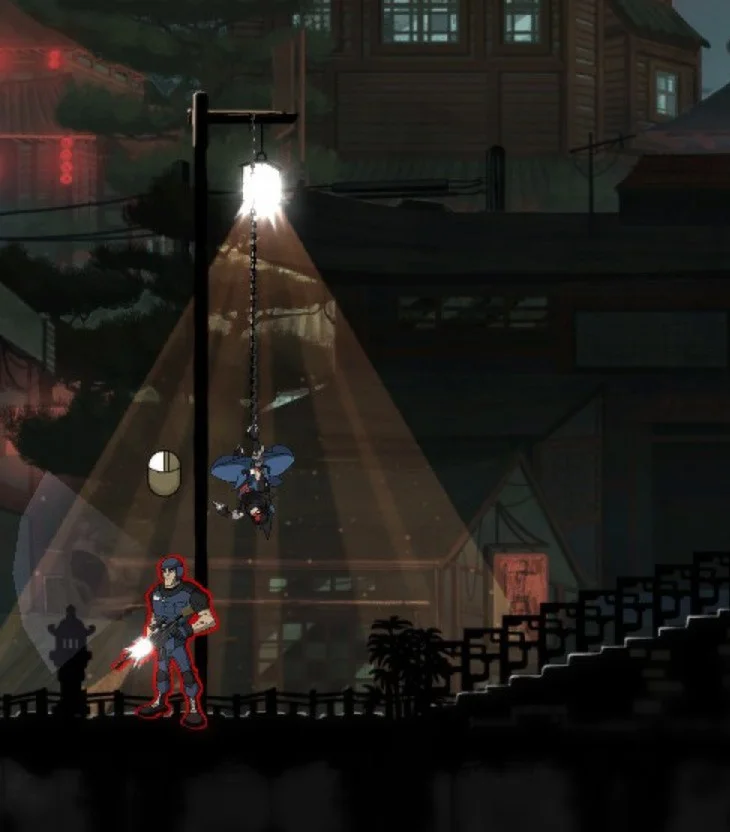 Close view of a Mark of the Ninja guard under a lamp, with the ninja hanging above him.