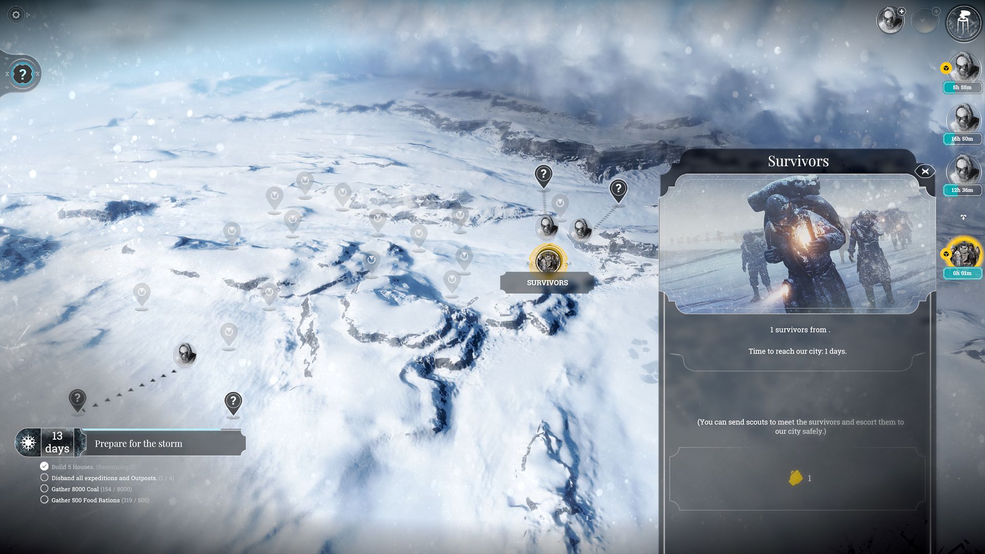 The Frostpunk exploration map shows scout markers and a Survivors encounter panel.