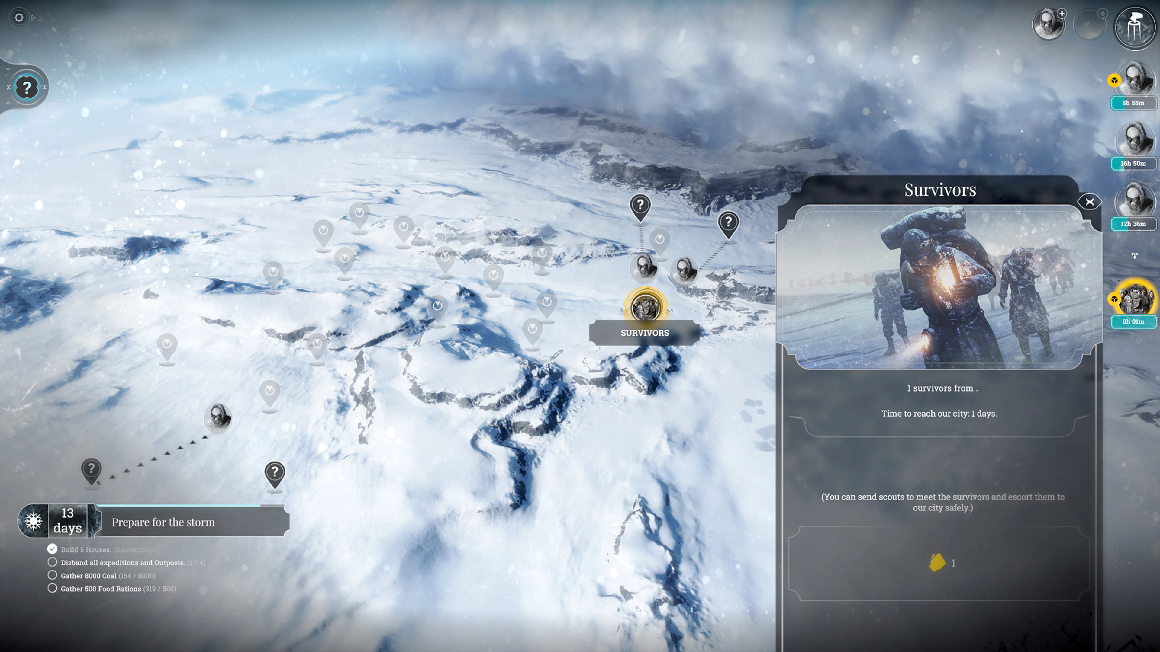 Official Frostpunk frozen-world exploration map with location markers, scout portraits and a Survivors encounter panel on the right.