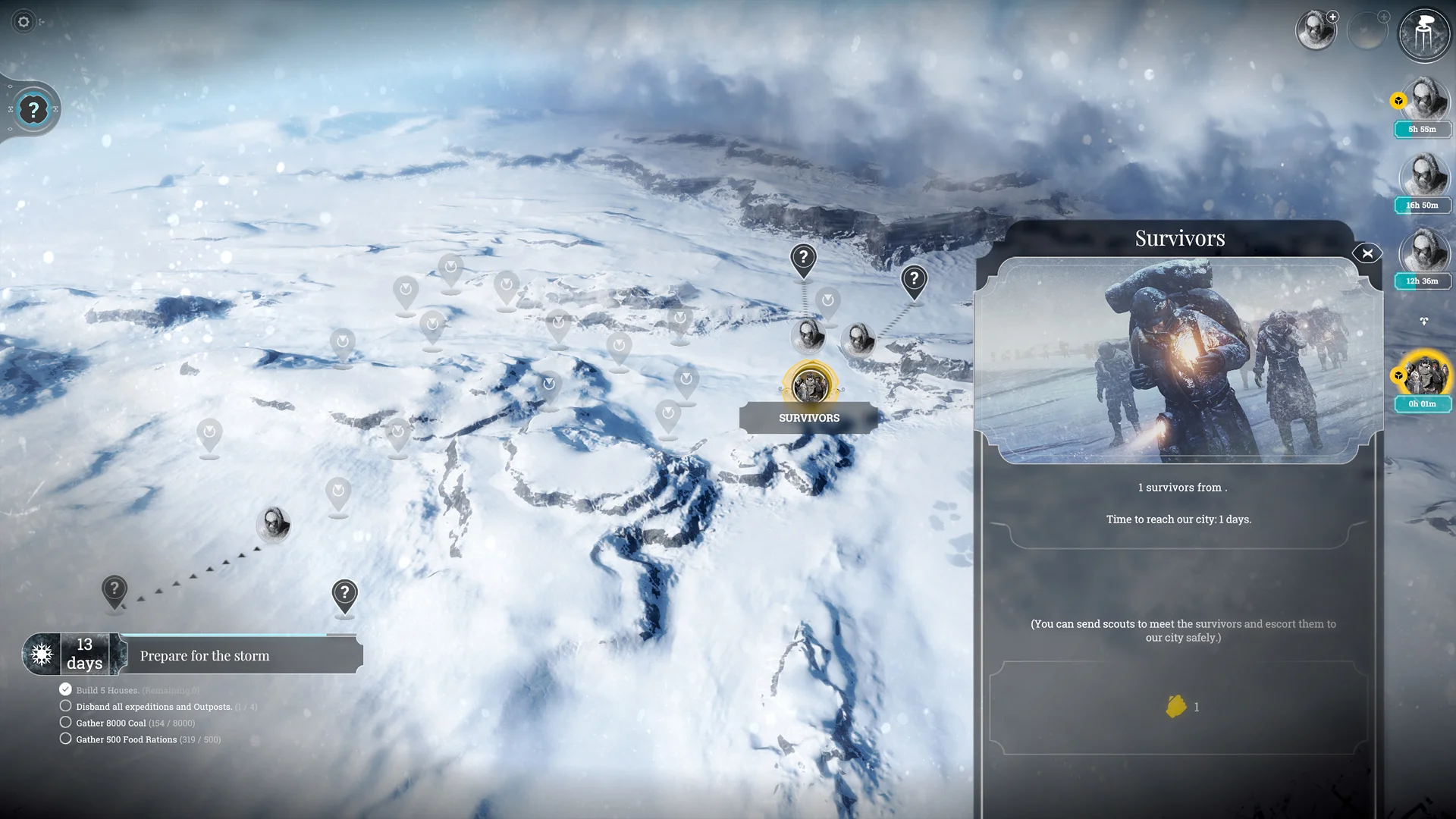Official Frostpunk frozen-world exploration map with location markers, scout portraits and a Survivors encounter panel on the right.