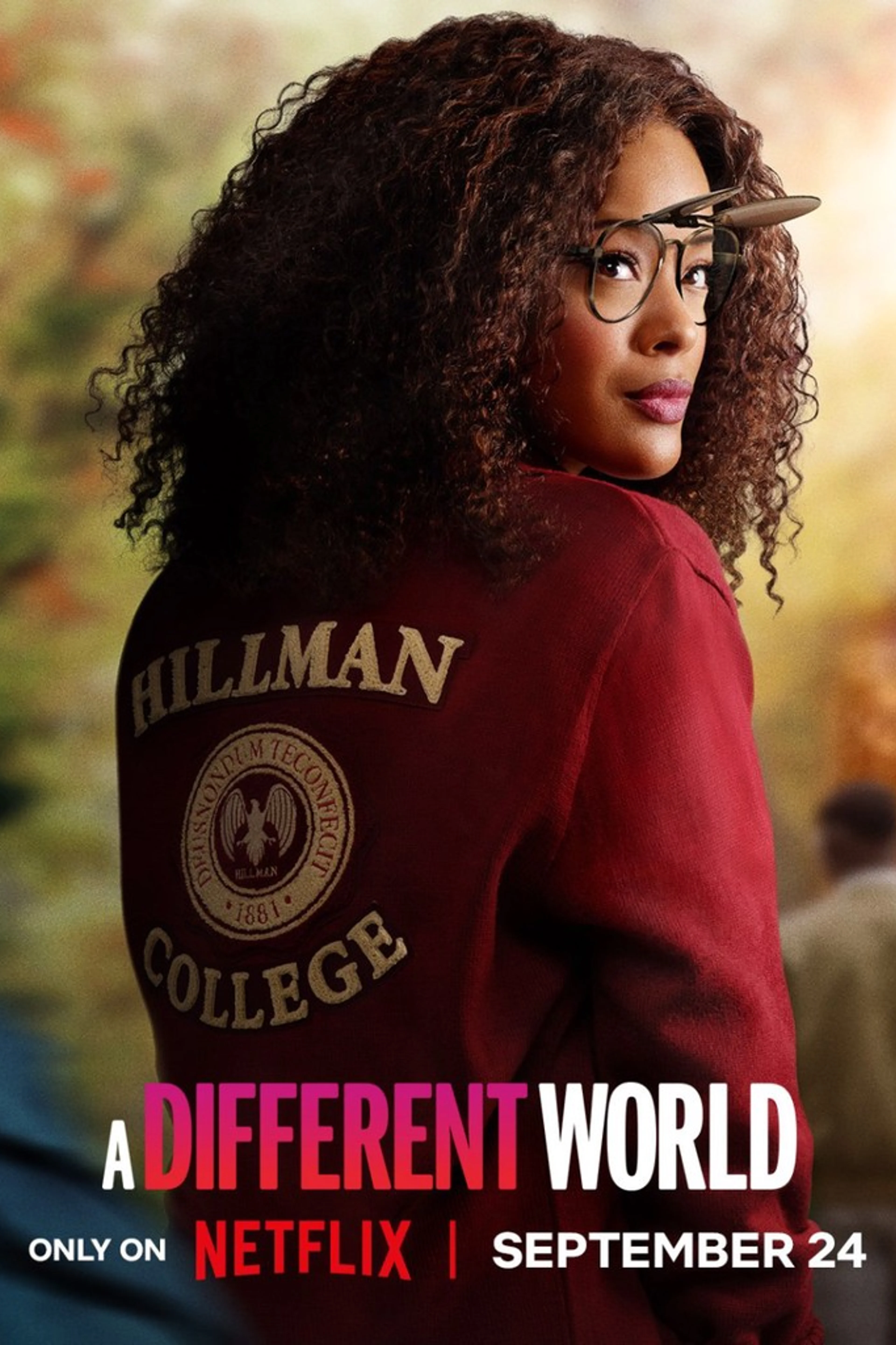 Netflix A Different World official poster with Deborah Wayne in a Hillman jacket.