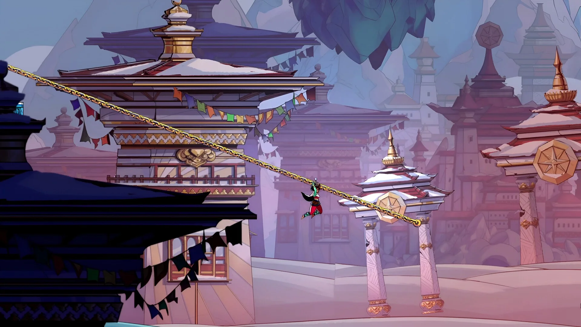Ajira travels along a rope between snowy rooftops in SURI: The Seventh Note.