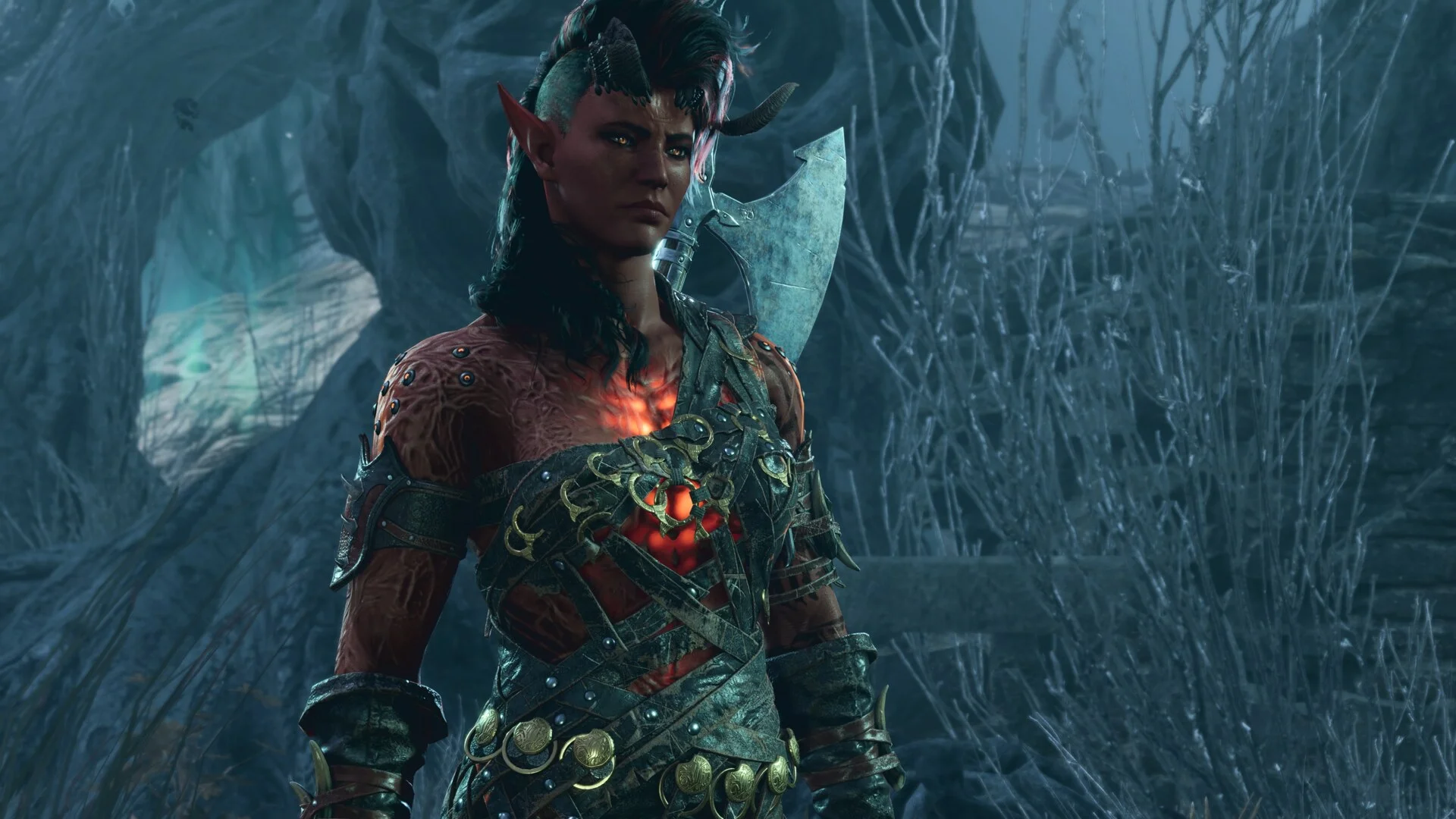 Karlach carries a greataxe in the Shadow-Cursed Lands in Baldur's Gate 3.