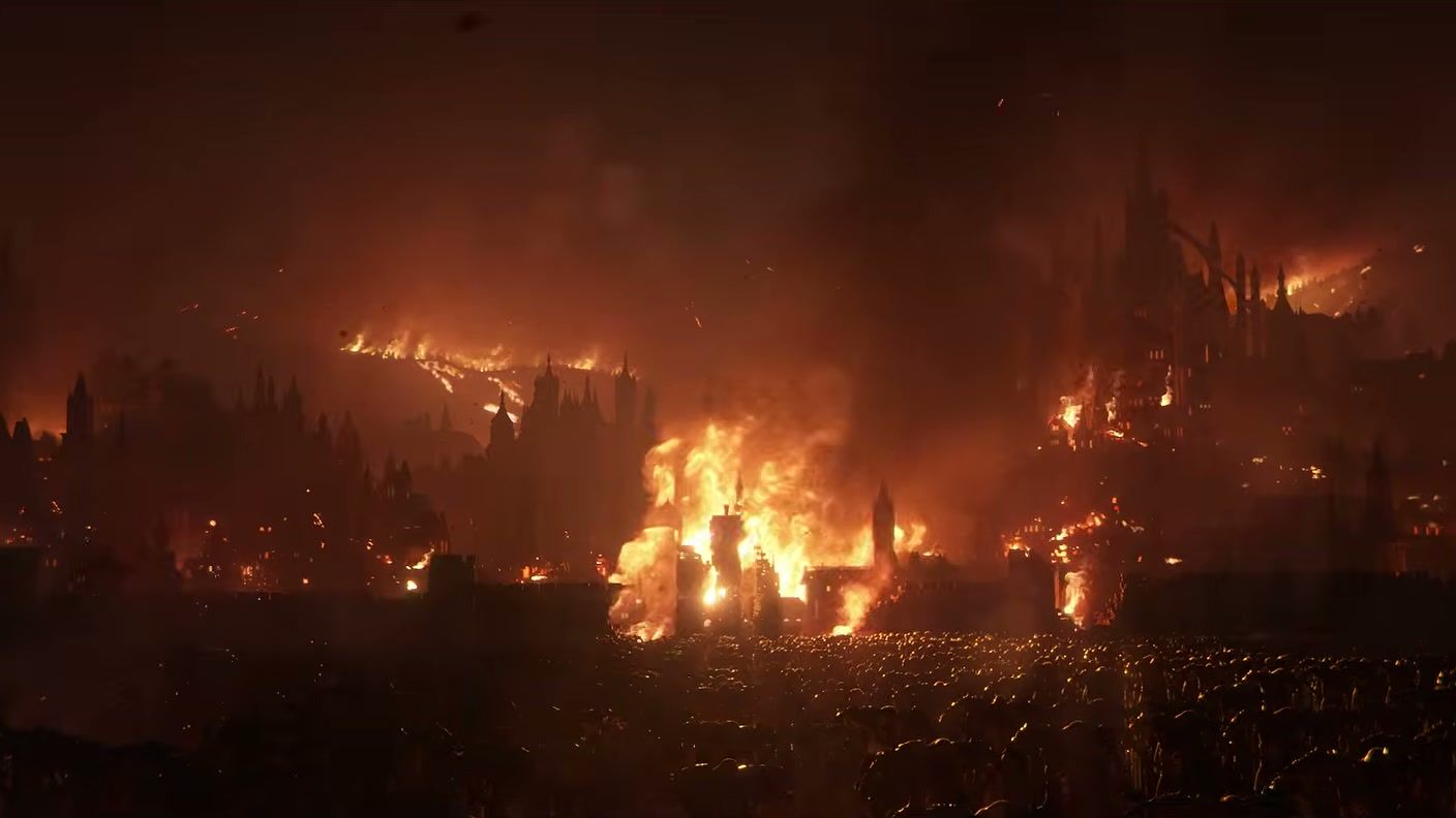 A vast gothic city burns beneath a dark red sky.