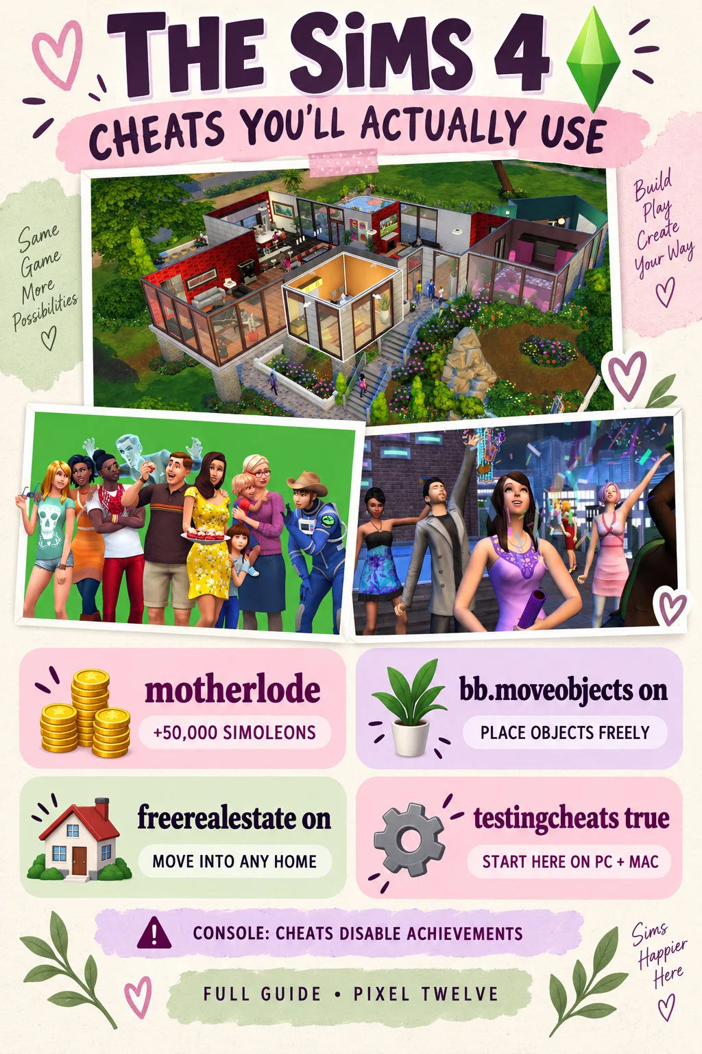 The Sims 4 infographic with motherlode, bb.moveobjects on, freerealestate on and testingcheats true, plus a console achievement warning.