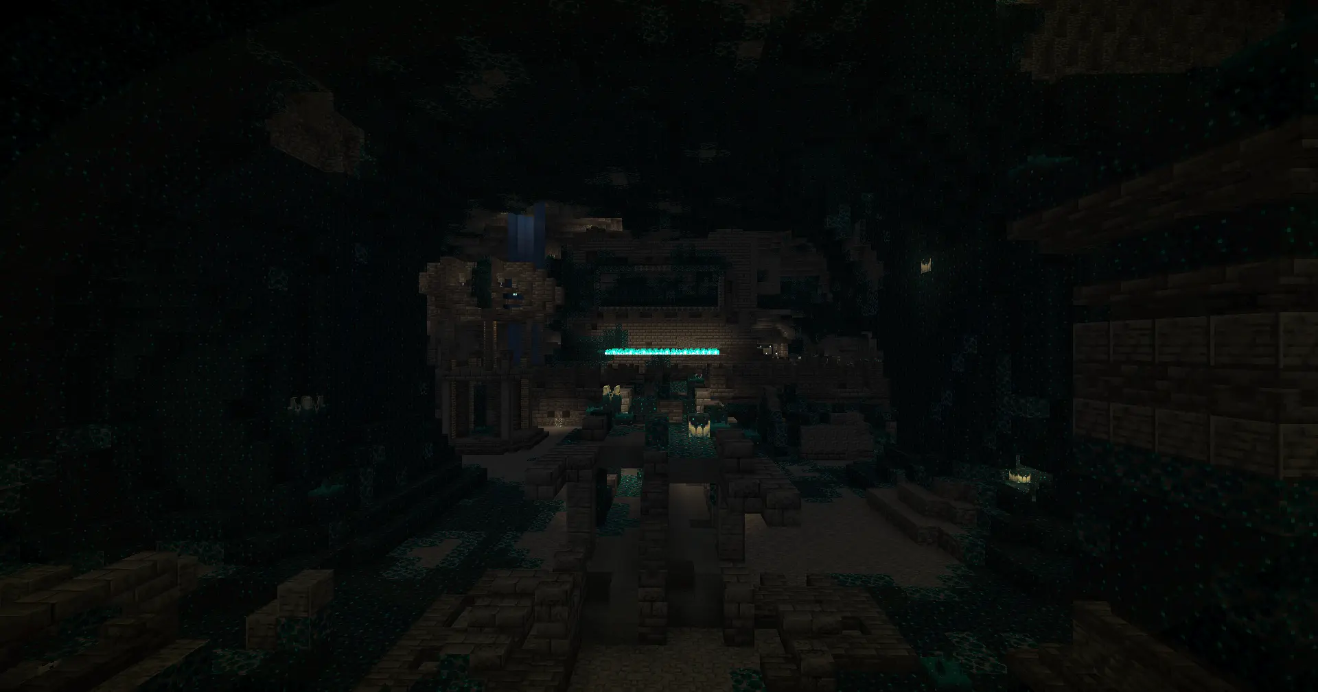 A wide official Minecraft view of an Ancient City in the Deep Dark.