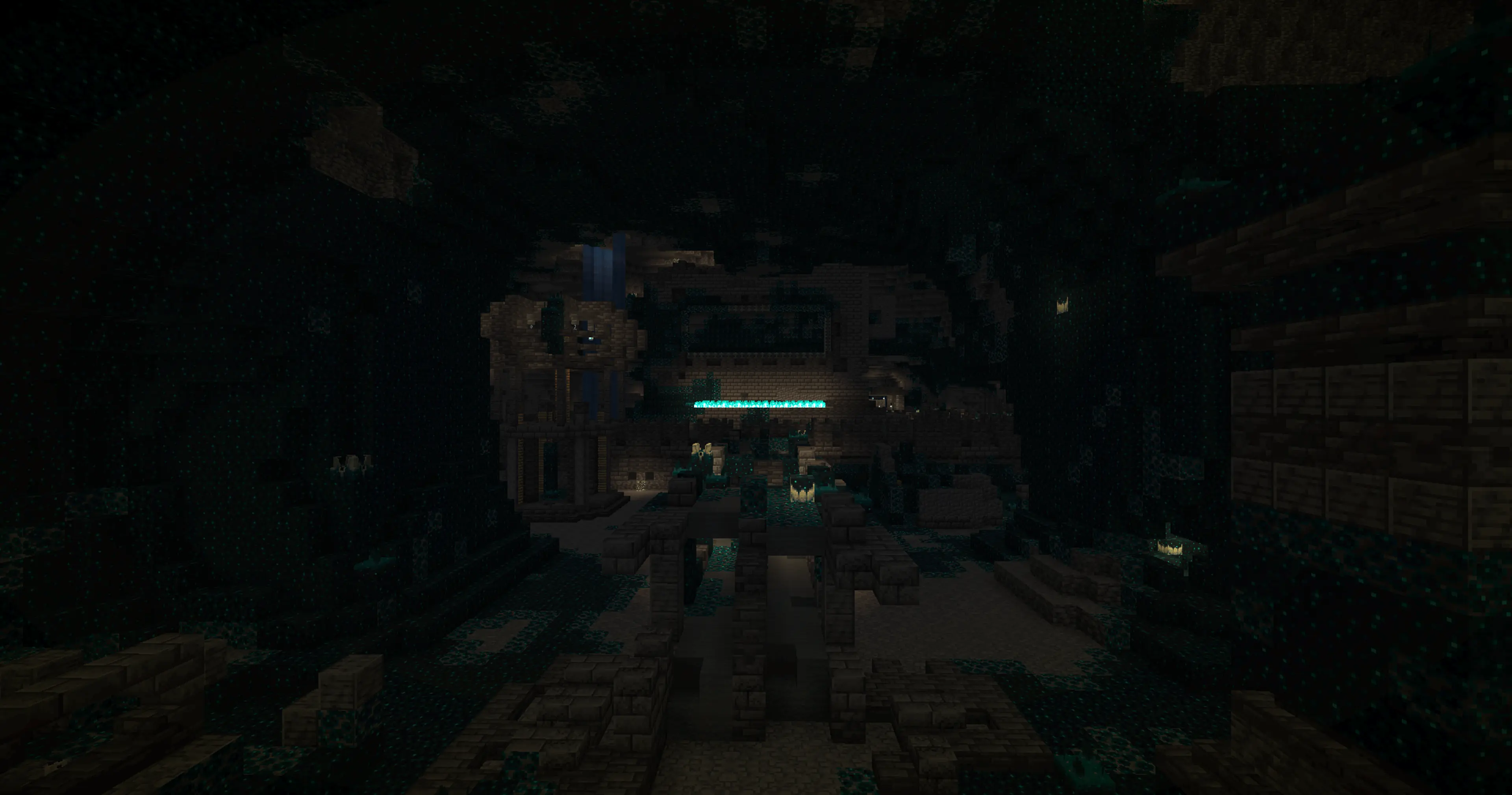 A wide official Minecraft view of an Ancient City in the Deep Dark.