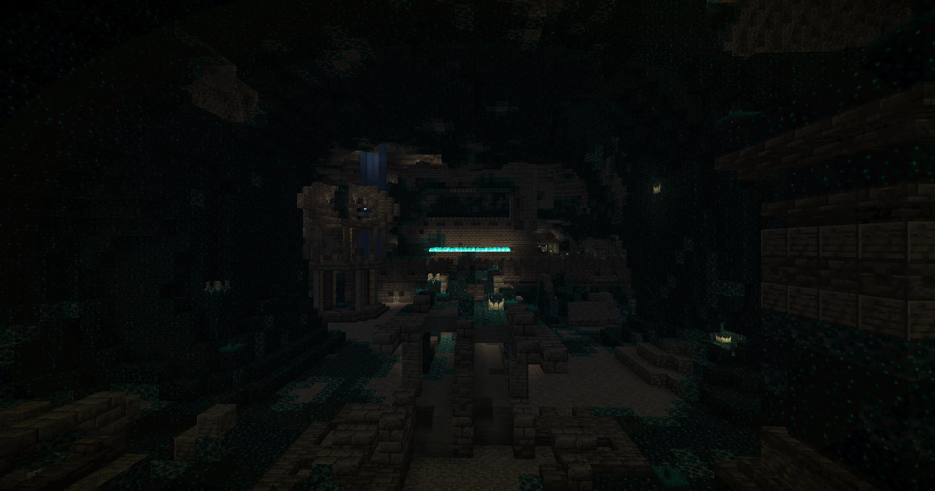 A wide official Minecraft view of an Ancient City in the Deep Dark.