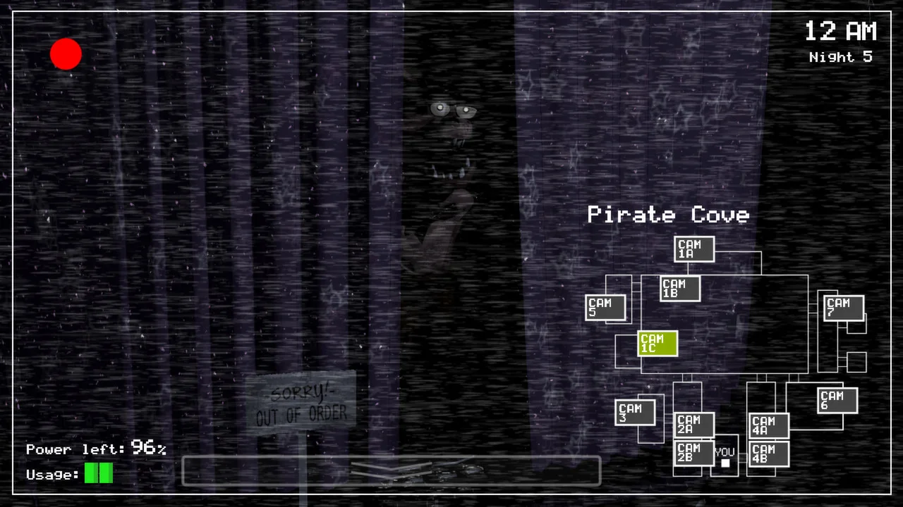 Pirate Cove camera feed with CAM 1C highlighted on the right map and Foxy partly visible behind the curtain.