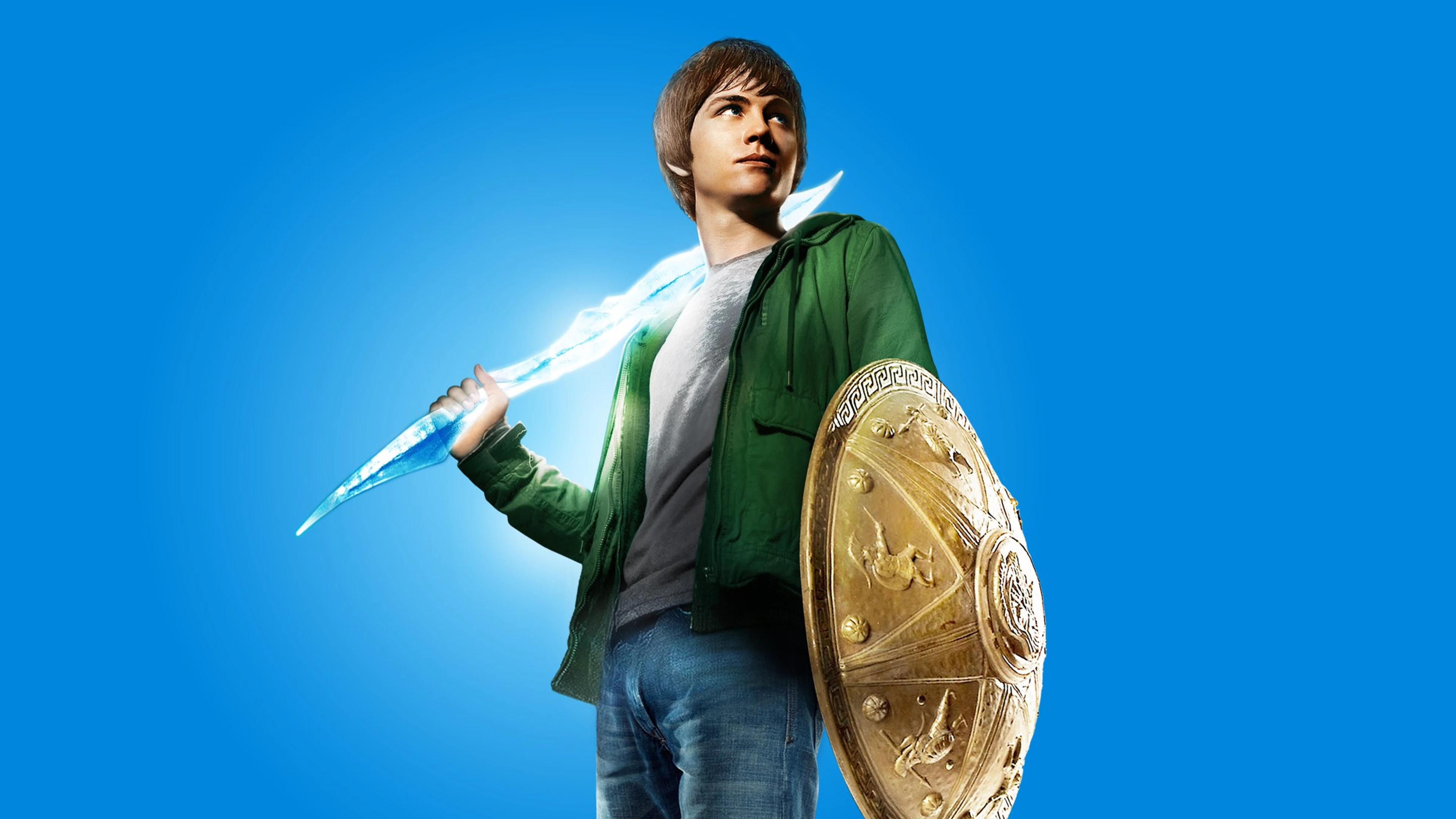 Percy Jackson holding a sword and shield against a blue background.