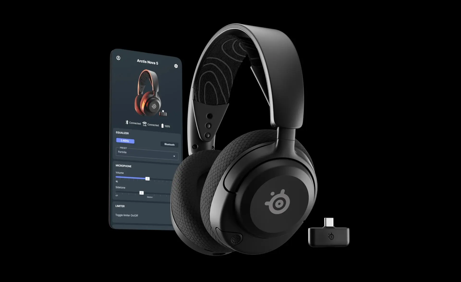 Black SteelSeries Arctis Nova 5 with its USB-C receiver and phone app