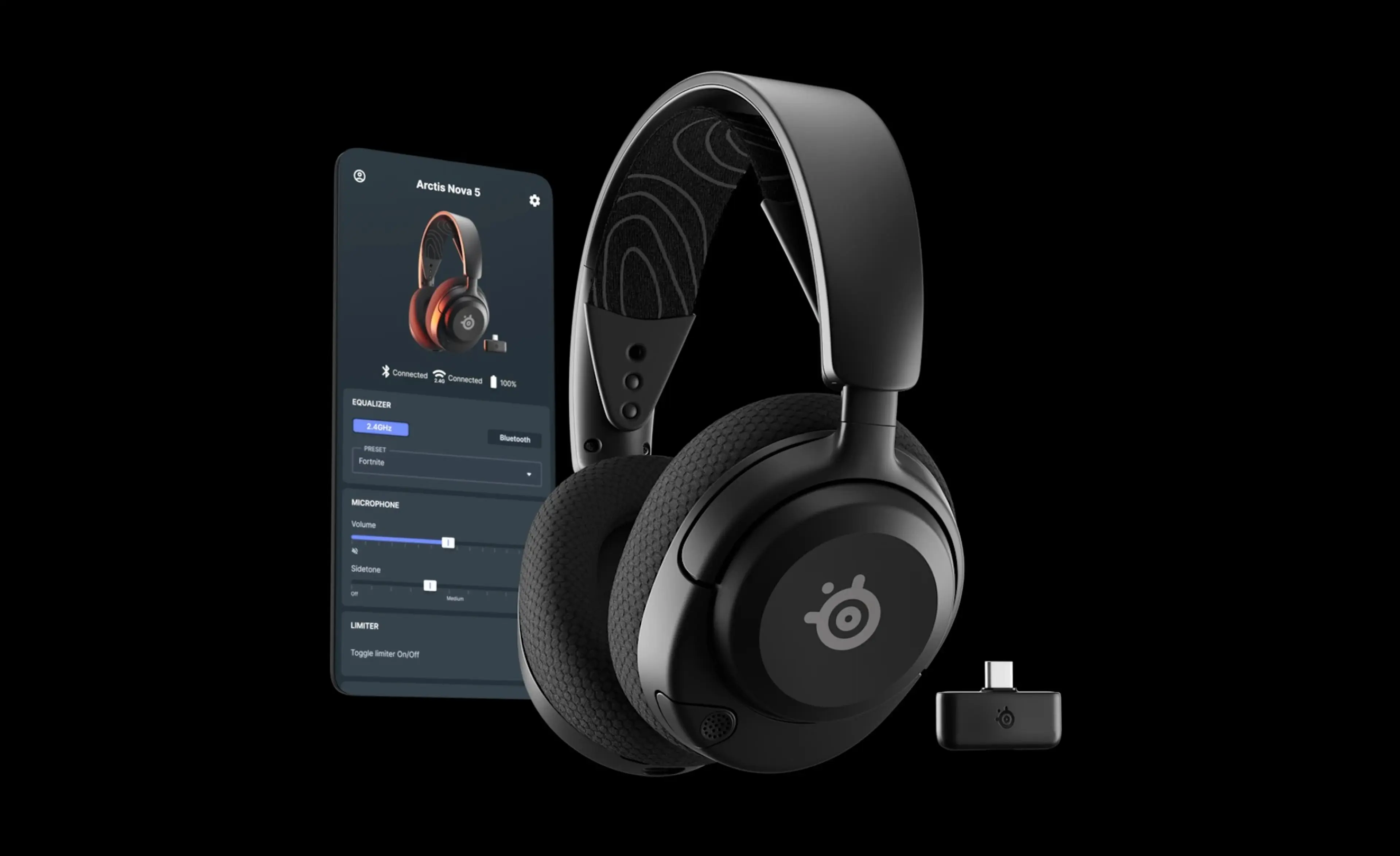 Black SteelSeries Arctis Nova 5 with its USB-C receiver and phone app