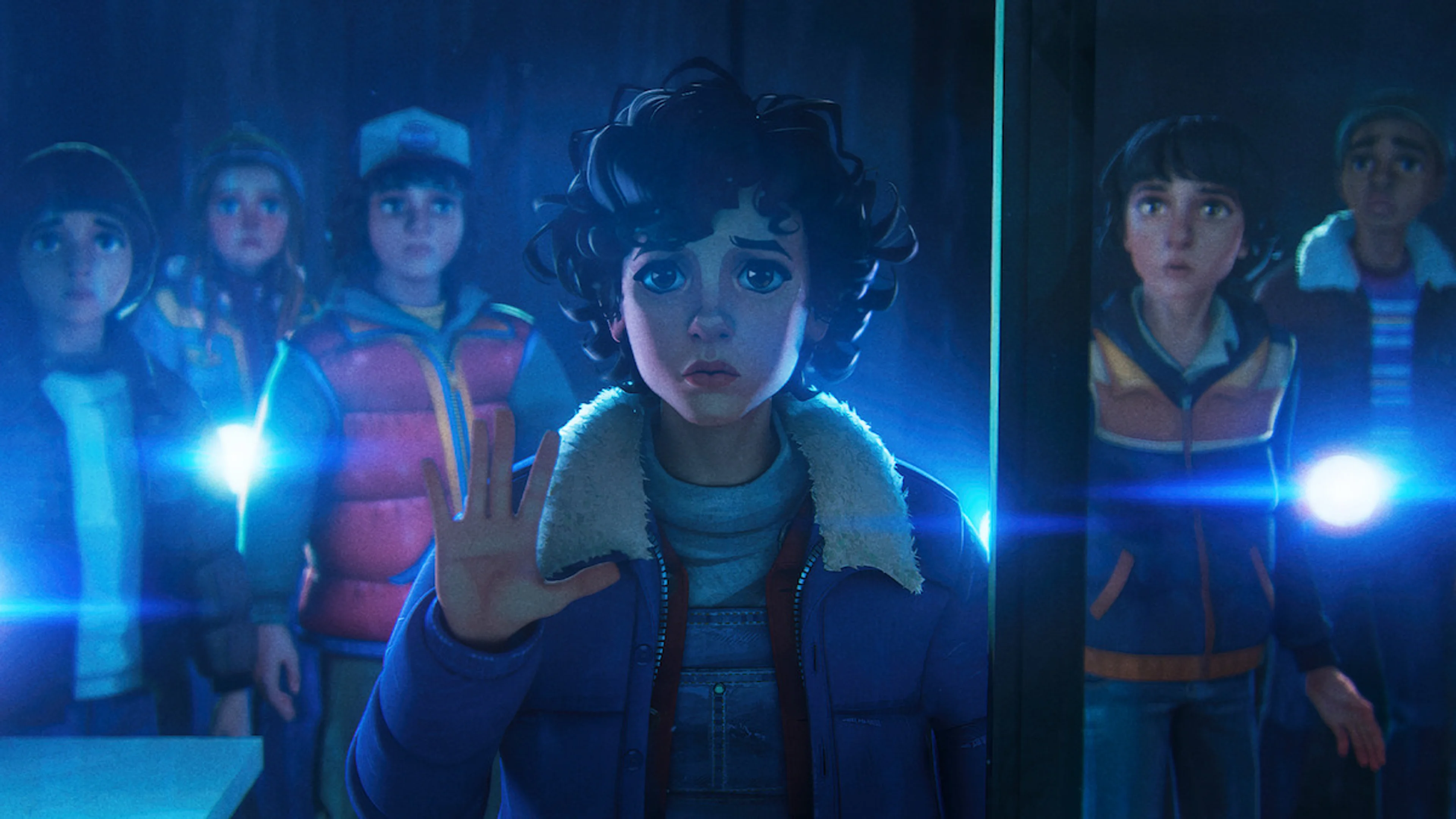 Will, Dustin, Eleven, Mike, and Lucas together in Stranger Things: Tales From ’85