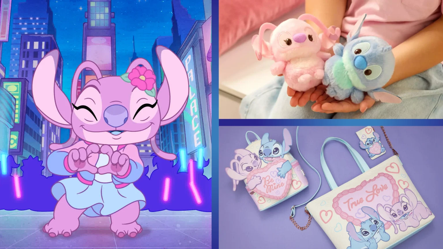 The animated Angel dances beside products featuring Angel and Stitch in official Disney artwork.